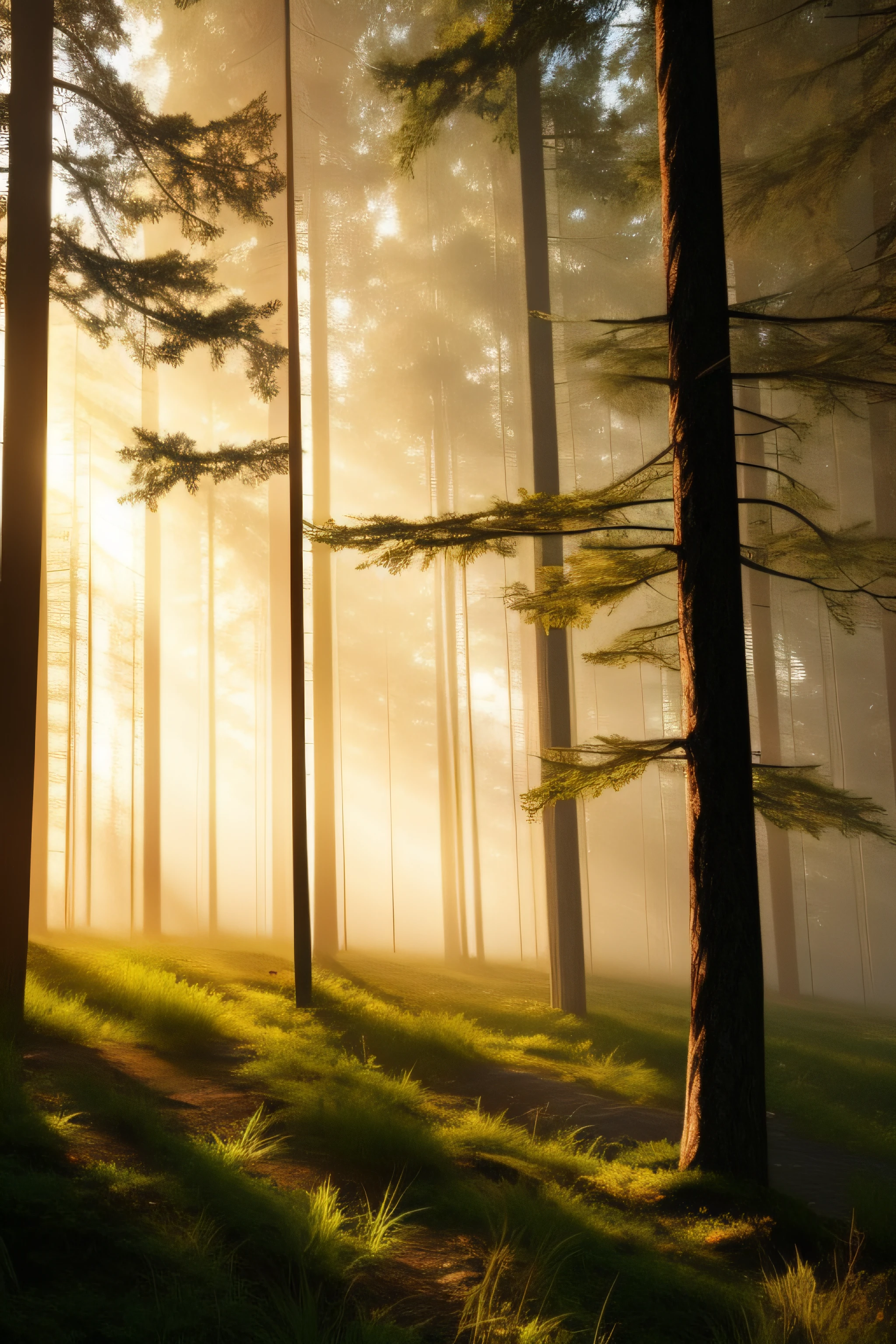 the forest in the morning, sun rising on the left, fog still covering the top of the trees, masterpiece, 3d render, high quality, high detailed, epic, dynamic effect, specular lighting, hdr, 8k picture quality, nanite raytraced, 8k resolution, intricate, dramatic, best quality, ultra high res, illustration, rich colors and exaggerated shapes