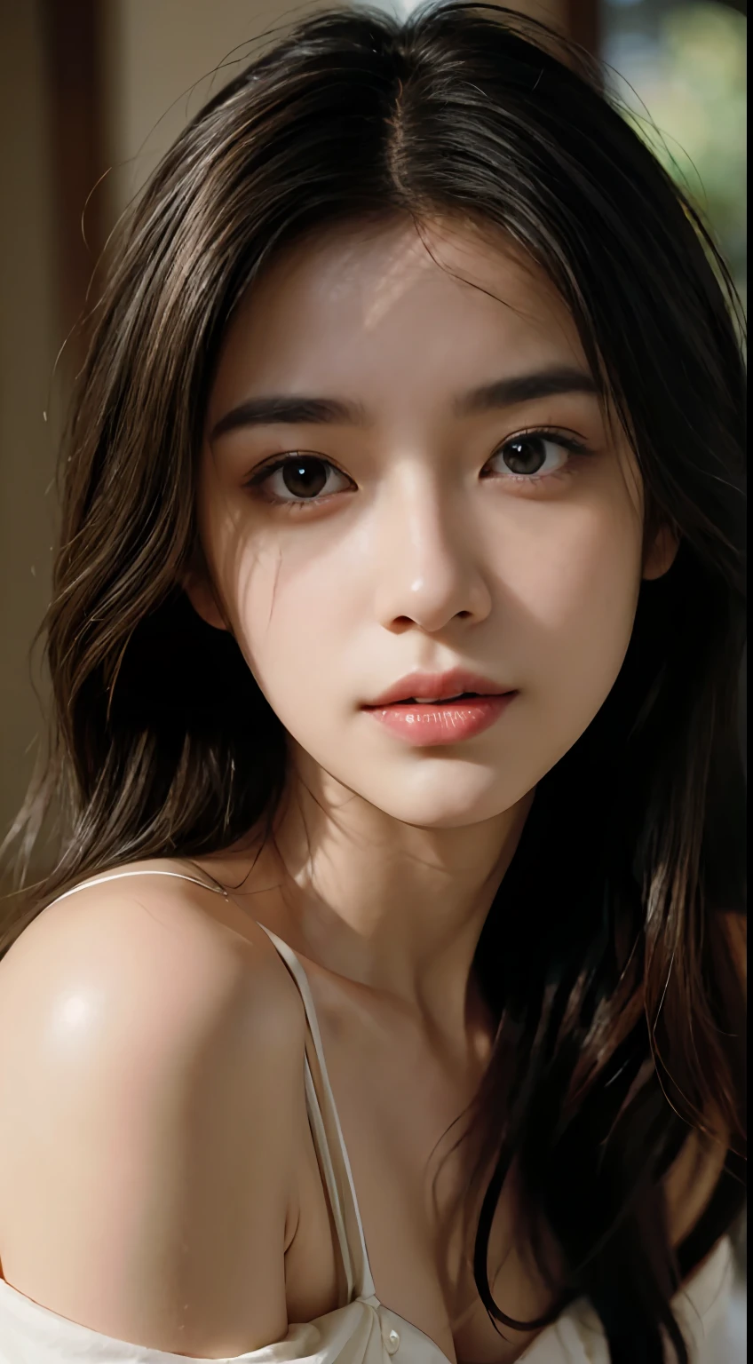 Film Portrait Photography, 1girl in, Bare shoulder, Wavy shoulder-length hair, Serene, Calm, (Realistic detailed eyes, Natural Skin Texture, Realistic face details), Soft dramatic lighting, depth of fields, Bokeh, vibrant detail, finely detail, A hyper-realistic, 35mm Film, Hazy blur