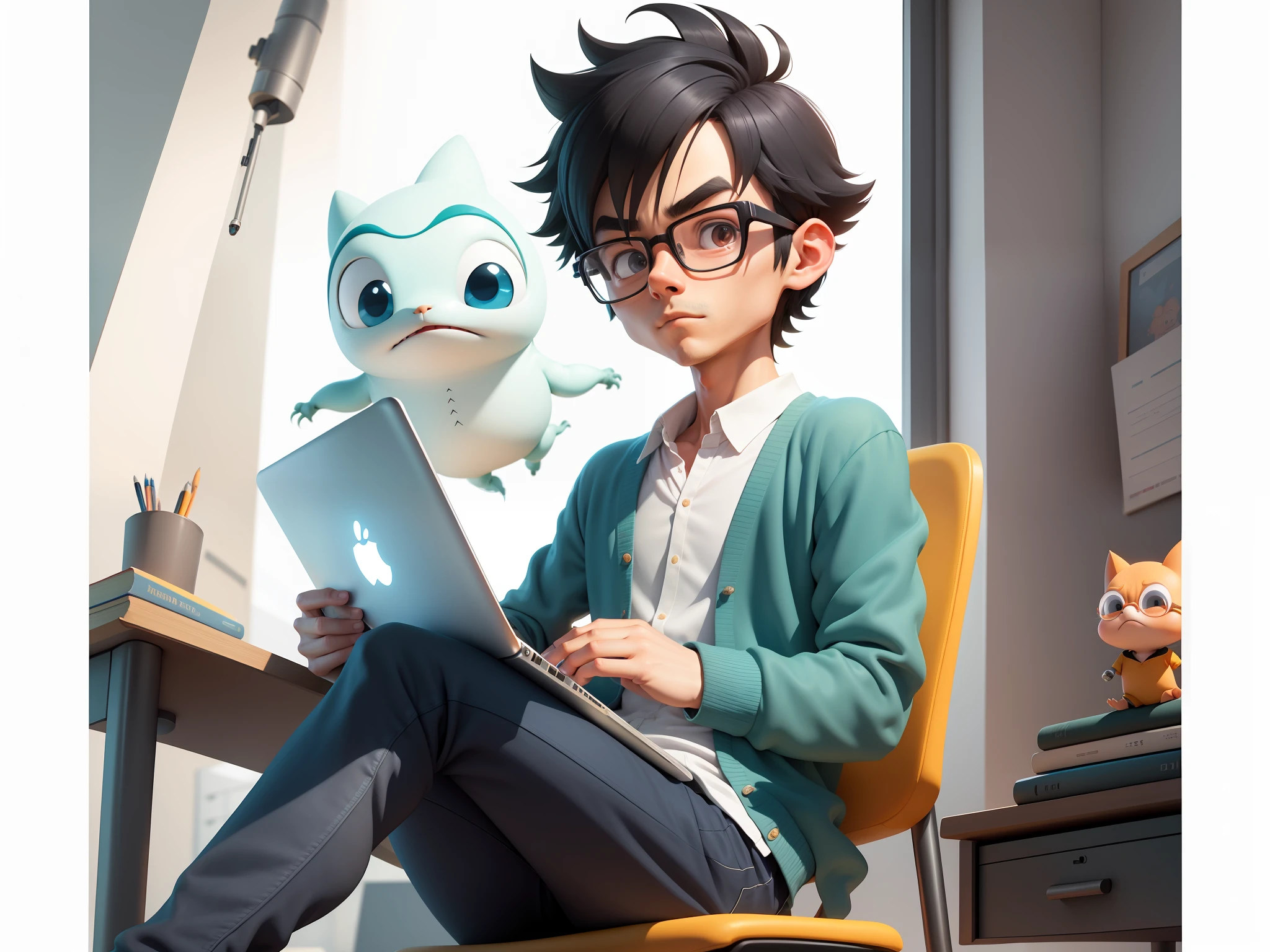 A young man with glasses sits at his desk,holding laptop,digitial painting,3D character design by Mark Clairen and Pixar and Hayao Miyazaki and Akira Toriyama,4K HD illustration,Very detailed facial features and cartoon-style visuals。