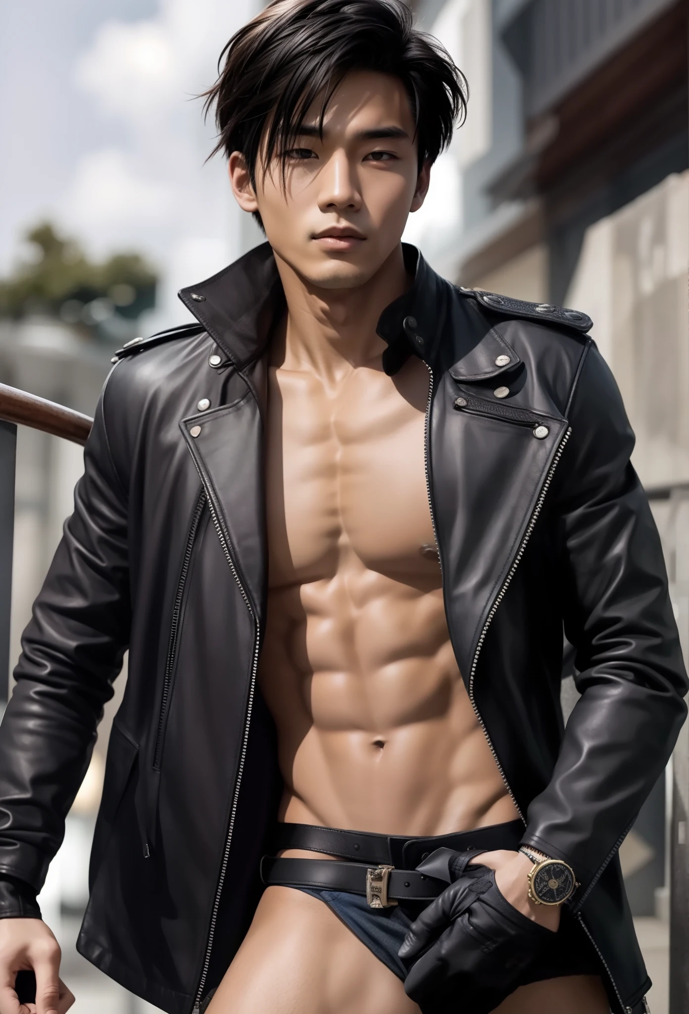 cool guy，23years old，Asian people，Works of masters，Best image quality，Higher quality，high detal，超高分辨率，8K分辨率，Exquisite facial features，Boy student，emaciated，Glowing eyes，short detailed hair，Hair details， ，[[Look away，Look to the side，Emphasize homosexuality and pay attention to every detail ，（（（（Bulging crotch)））））Blood，Get wet all over your body，Leather clothes，Leather glove