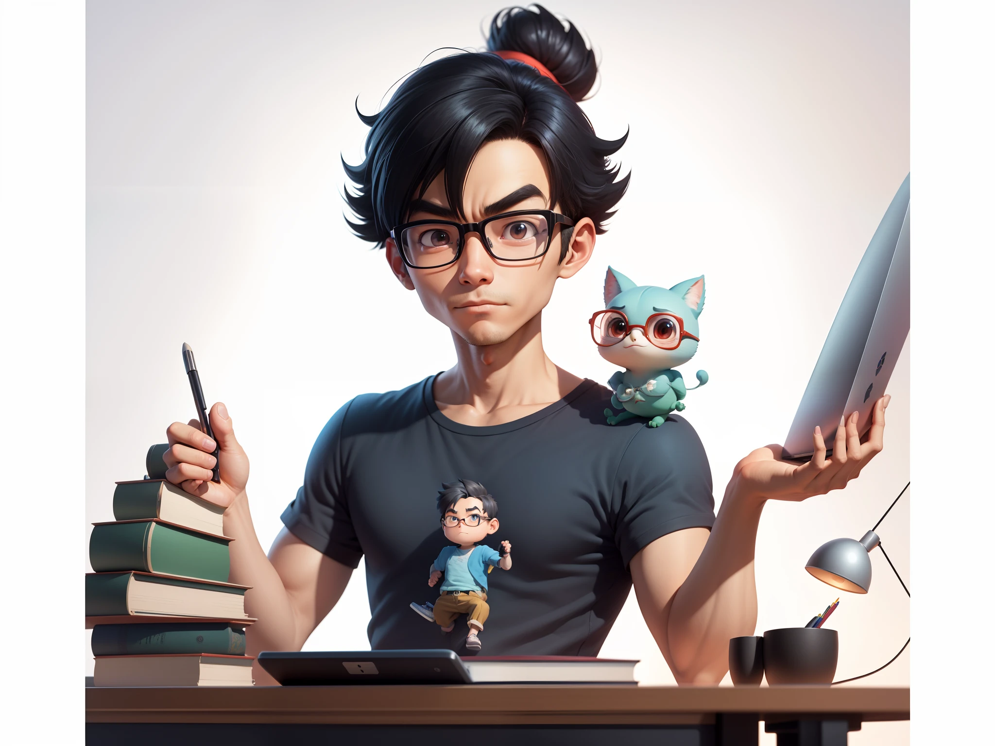 A young man with glasses sits at his desk,holding laptop,digitial painting,3D character design by Mark Clairen and Pixar and Hayao Miyazaki and Akira Toriyama,4K HD illustration,Very detailed facial features and cartoon-style visuals。
