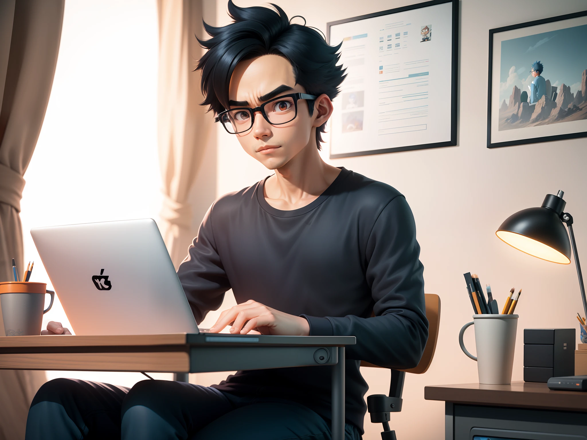 A young man with glasses sits at his desk,holding laptop,digitial painting,3D character design by Mark Clairen and Pixar and Hayao Miyazaki and Akira Toriyama,4K HD illustration,Very detailed facial features and cartoon-style visuals。