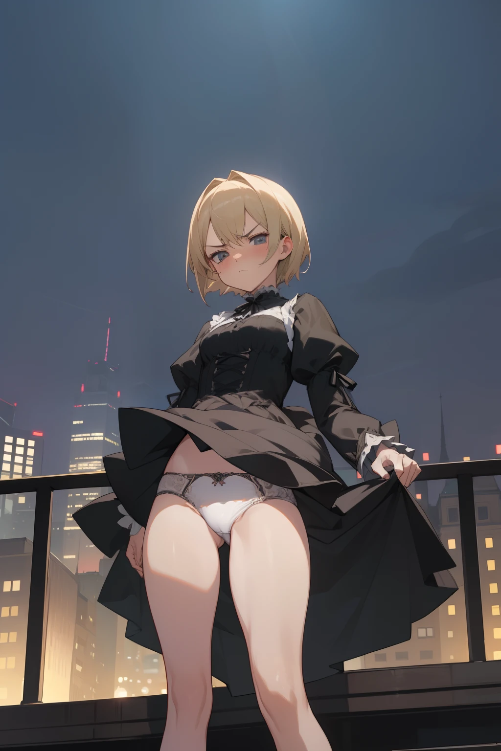 Top quality RAW photos in 32k resolution taken with Canon EOS R3, (frombelow:1.15),(masterpiece、top-quality)、Crotch girl in gothic ta dress, European cityscape at night, Short-haired blonde,feeling of disgust, angry looking face,Show off your underwear,Beautiful anime girl showing pants, Anime girls show off their pants,Spread your crotch, thighs thighs thighs thighs!!!, Beautiful fece,white cheeks,, thighs thighs thighs thighs!!!!!!, thigh closeup, Bare thighs!!!,