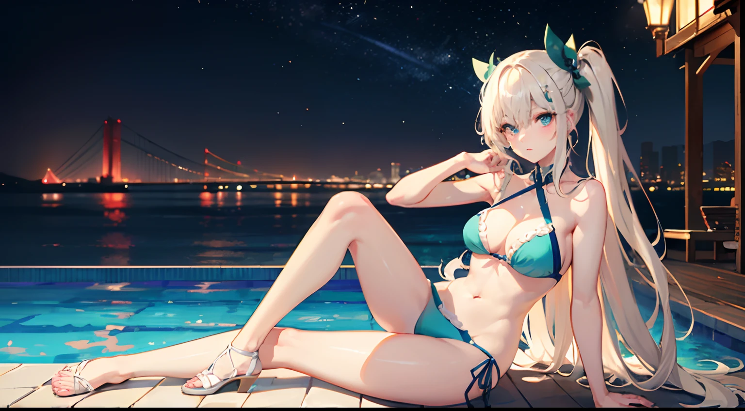 ((Best Quality)), (Ultra-detailed), ((Extremely detailed)), (Beautiful), ((Kawaii Girl)),(two side up hair).,Platinum Blonde Hair,Long hair, hair between eye, Wavy Hair, Long sideburns,Jade-colored eyes, White skin,Normal Chest,Slender body,Cross Halter Bikini,Sandals,Sitting,background a pool, Night, Night view of New Tokyo City, Starry sky, Neon light,,Look Camera