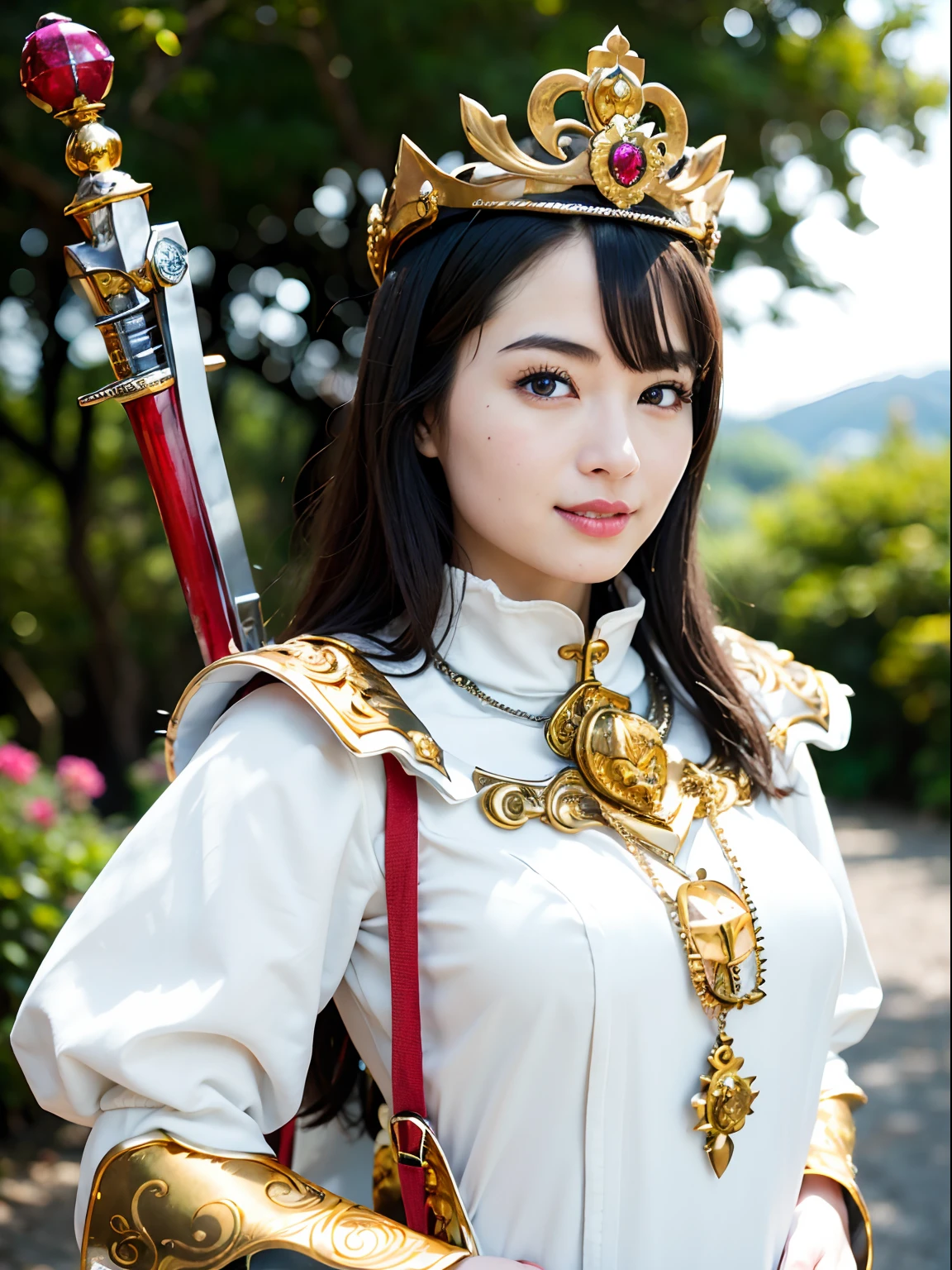(masutepiece), Professional , masterpiece、top-quality、photos realistic , depth of fields (Gemstone Silver Metal Body:1.9),(Matte White、Jewel Gold Weapon(Jewel Metal Body:1.4),Gorgeous metal weapons , Detailed Sword of the Brave , Beautiful knife ,warhammer 40k , adepta sororitas,Detail and ornate jewel crown、Black hair、Gangle's forest background、Beautiful Caucasian beauty、1a person、dynamic ungle,(((Detailed and ornate diamond crown)))、Smaller head、A smile、Take a sexy pose、Background inside the castle、Thin and beautiful female hands、