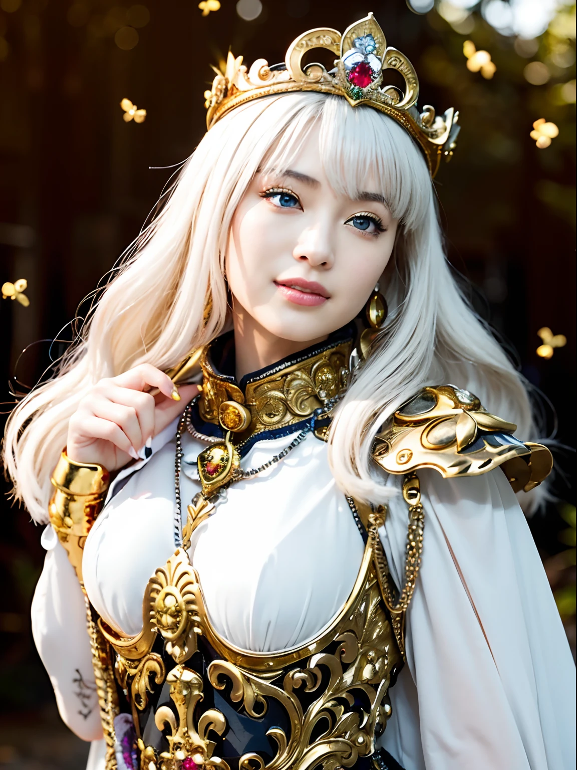 (masutepiece), Professional , ​masterpiece、top-quality、photos realistic , depth of fields （Gemstone Silver Metal Body:1.９),(Matte White、Jewel Gold Weapon（Jewel Metal Body:1.４),Gorgeous metal weapons , Detailed Sword of the Brave , Beautiful knife   ,warhammer 40k , adepta sororitas,Detail and ornate jewel crown、Black hair、Gangle's forest background、Beautiful Caucasian beauty、１a person、dynamic ungle,(((Detailed and ornate diamond crown)))、Smaller head、A smile、Take a sexy pose、Background inside the castle、Thin and beautiful female hands、