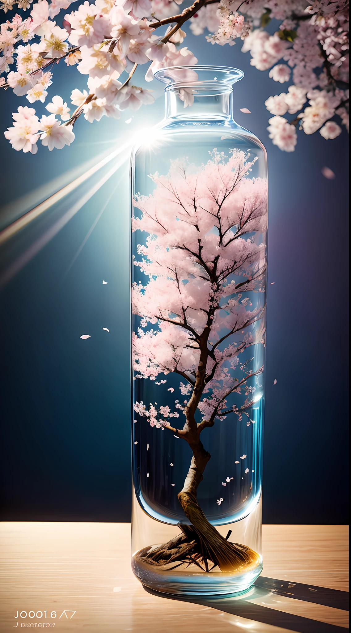 Cherry blossom tree in a bottle, Fluffy, Realistic, Atmospheric light refraction, author:Lee Jeffries Nikon D850 Film Stock Photo 4 Kodaport 400 Camera F1.6 Shots rich colors Ultra-realistic realistic textures Dramatic lighting Trends on Unreal Engine ArtStation CineStill 800, Style-Glass