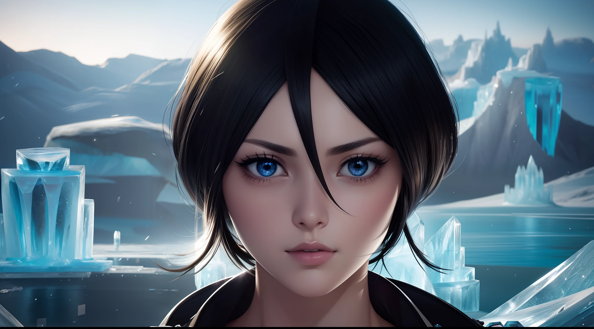 focused upper body, 1 girl, rukia, black komono, sparkling eyes, (((ice terrain background))), Colorful beautiful girl: short black hair, nice perfect face with soft skinice perfect face, intricate detail, splash screen, 8k resolution, masterpiece, artstation digital painting smooth, 8k resolution photorealistic masterpiece, professional photography, natural lighting, volumetric lighting maximalist photoillustration: by marton bobzert