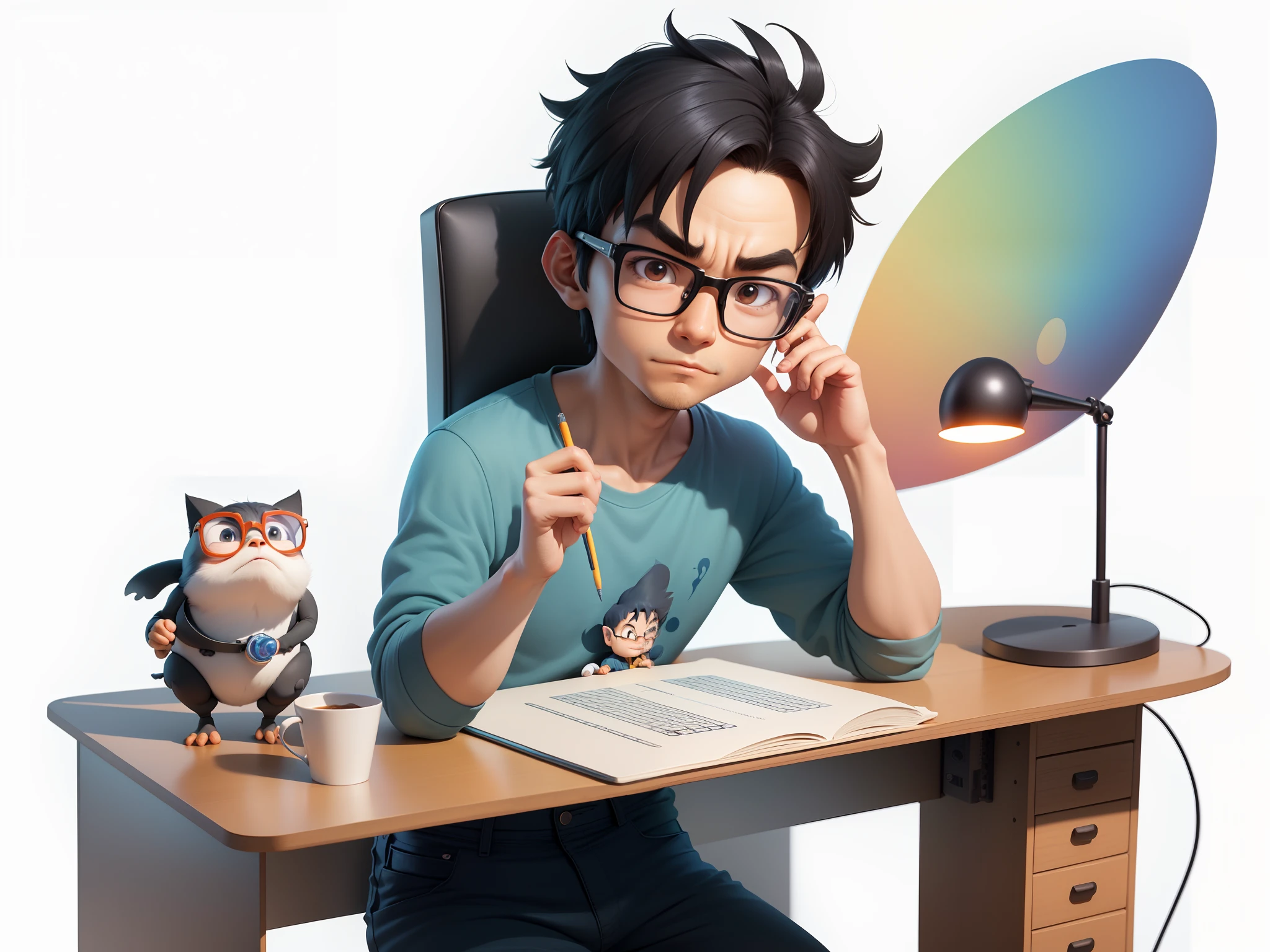 A young man with glasses sits at his desk，holding laptop，digitial painting，3D character design by Mark Clairen and Pixar and Hayao Miyazaki and Akira Toriyama，4K HD illustration，Very detailed facial features and cartoon-style visuals。