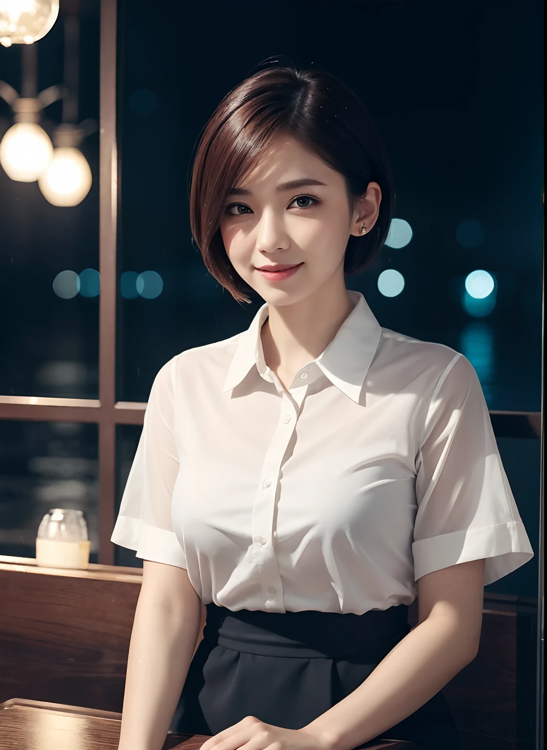 (8k, Best Quality, Masterpiece: 1.2), (Realistic, Photorealistic: 1.37), Super Detailed, 1 Girl, Cute, Alone, Beautiful Detailed Sky, Detailed Cafe, Night, Sitting, Date, ( Nose blush), (smile: 1.15), (close mouth) small breasts, beautiful details, (collared shirt: 1.1), night, wet, business wear, rain, white lace, (short hair: 1.2), floating Hair NovaFrogStyle,