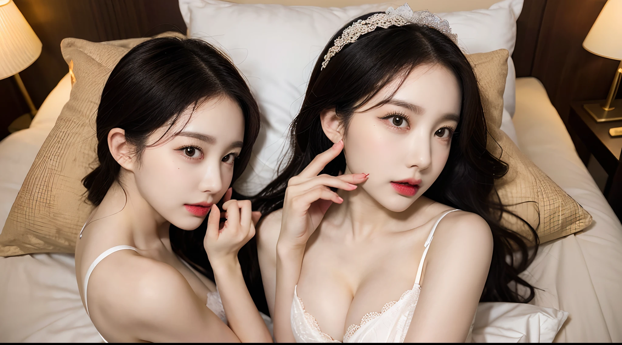 Beautiful charming woman lying on bed,,(Solo:1.3),Rise ass,Put your finger in your mouth,Suck on your fingers,(cleavage,Shoot from above,Lateral face,Side Body,full bodyesbian,Close-up),inside in room,Love Hotel,onbed,hugging pillow,Heart-shaped roses,Front light,Lace,lacing,head gear