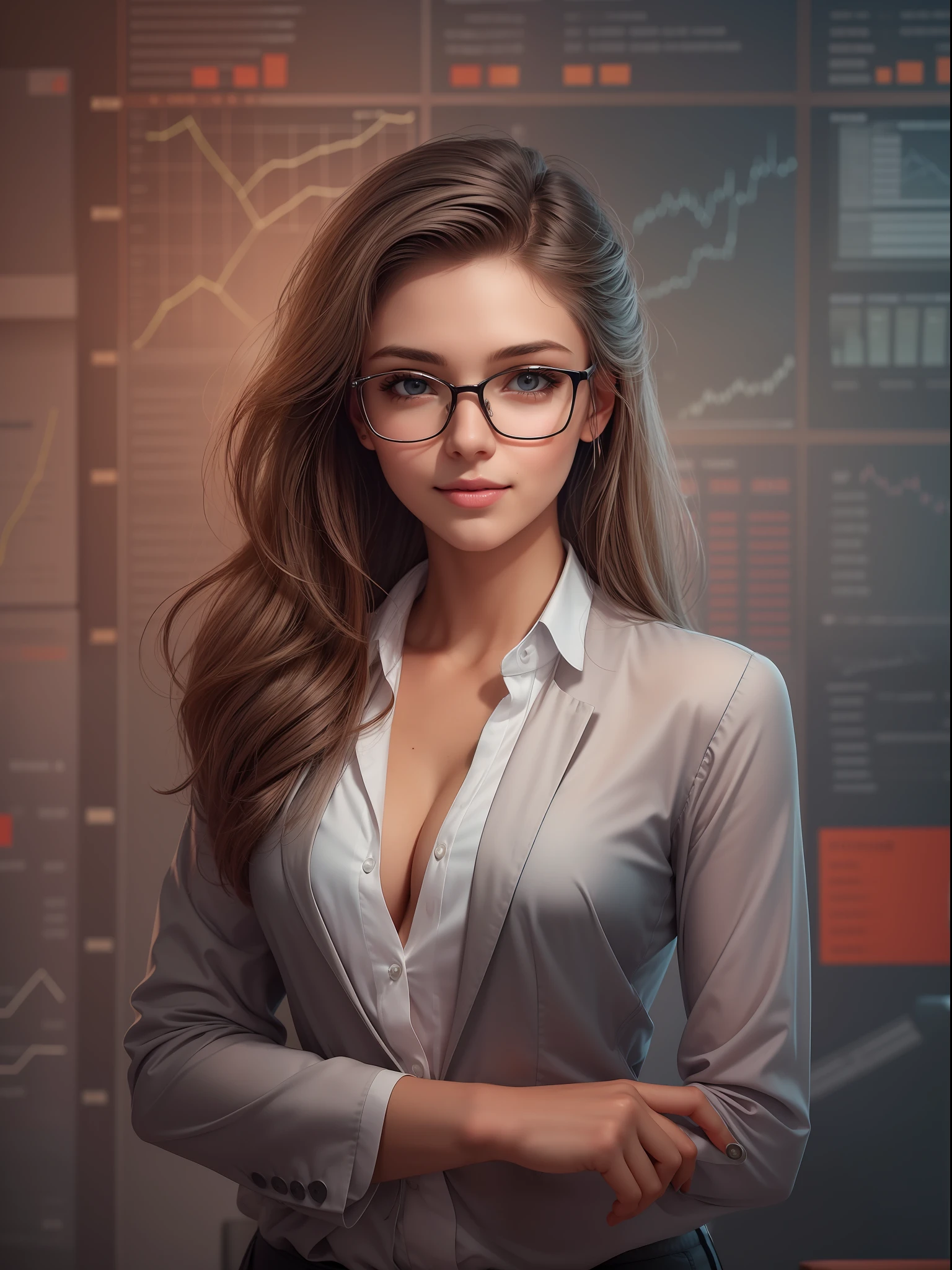 a beautiful young woman exuding an air of confidence and intellect in a sleek modern office space beside a complex financial chart on the wall, you can feelher analytical mind at work, straight in the camera gaze, slightly smiling, full body, top model measurements, office dresscode, wearing glasses, cute face, still very professional, by Alejandro Burdisio