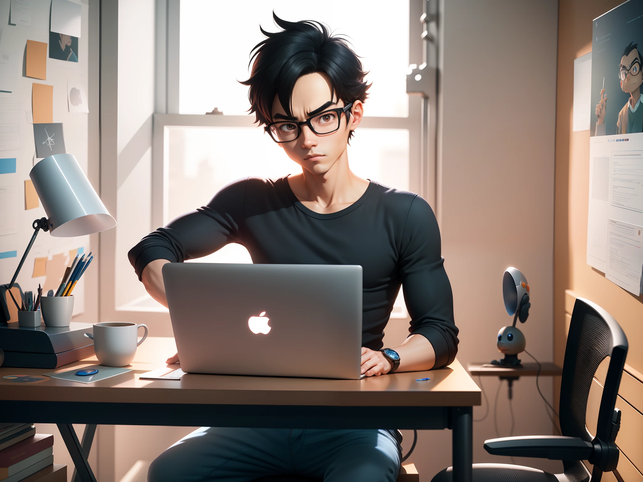 A young man with glasses sits at his desk，holding laptop，digitial painting，3D character design by Mark Clairen and Pixar and Hayao Miyazaki and Akira Toriyama，4K HD illustration，Very detailed facial features and cartoon-style visuals。