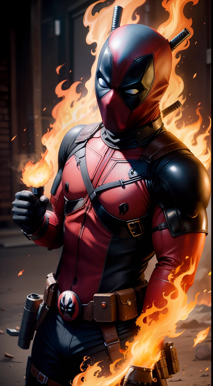 cinematic shot of realistic cute Deadpool , surounded by fire, seamless, epic, cinematic, intricate detail, award winning, great lighting, shading, high quality, detaile