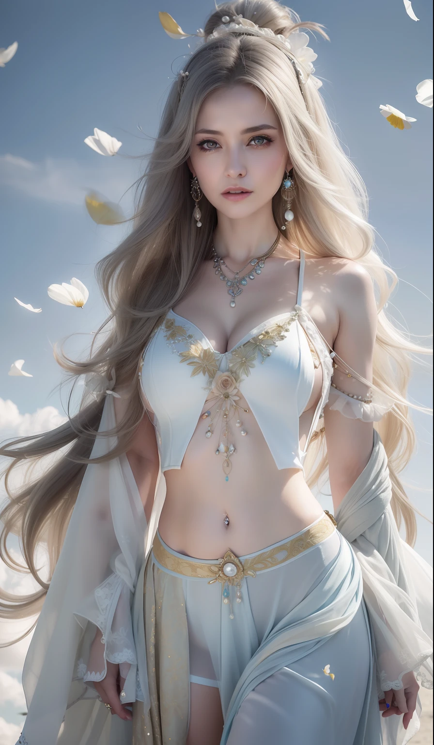 Mature girl ，Yellow-white hair color，Floating hair，Delicate and agile eyes，Low-cut clothing，huge tit，Wearing pearl earrings，blue-sky，Petals flying，Frontal portrait shot，Side lighting，The sun shines on people，Dress revealingly，Absurd，Sexy