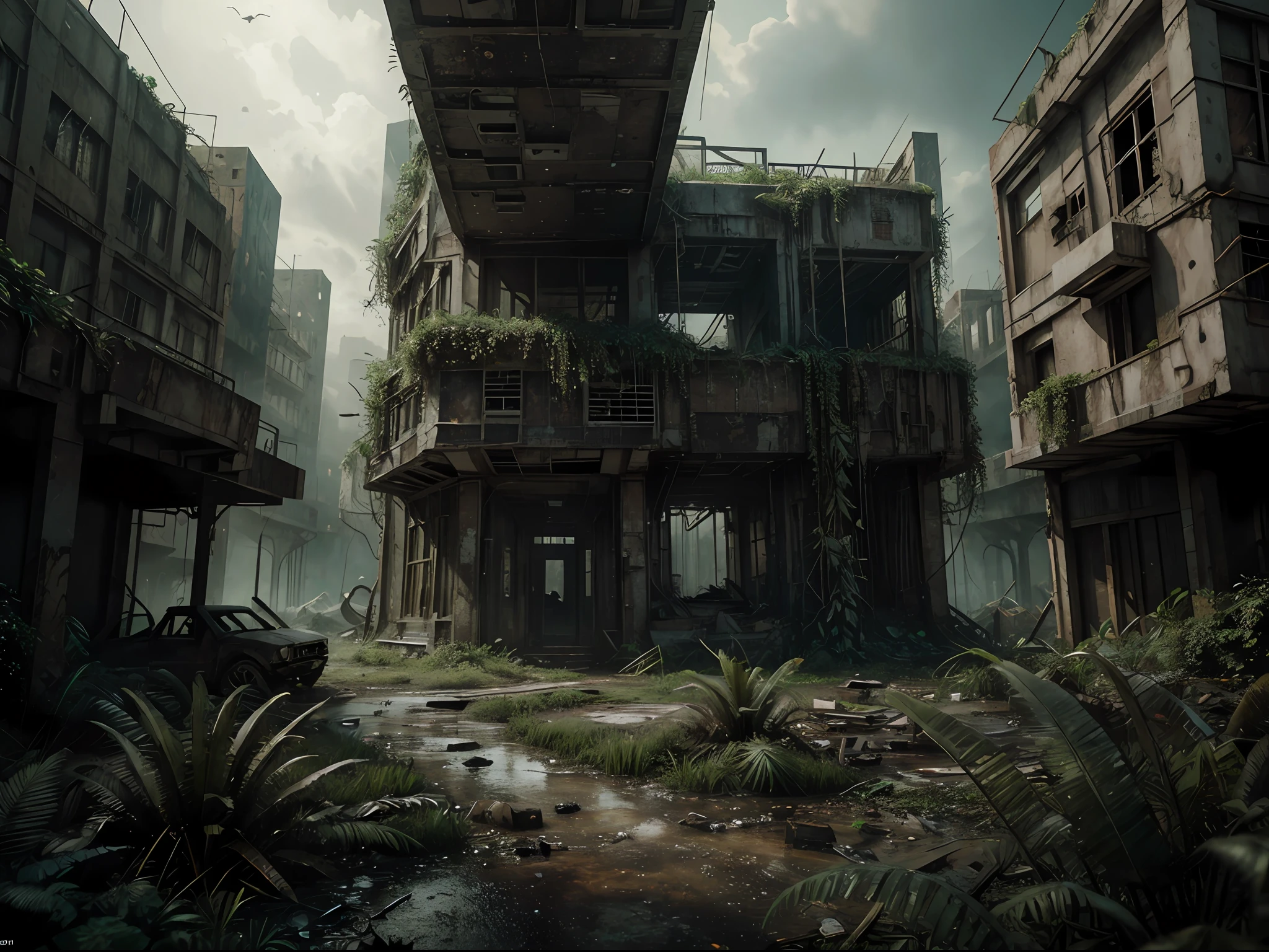 hyper realistic, dystopian abandoned city, overgrown jungle look, 64k resolution photorealistic Masterpiece by Ridley Scott, intricately detailed fluid painting, HD, professional photography, dark lighting, volumetric lighting maximalist photo illustration, 64k resolution concept art with intricately detailed, complex, elegant, expansive, fantastical, ultra sharp, 64k