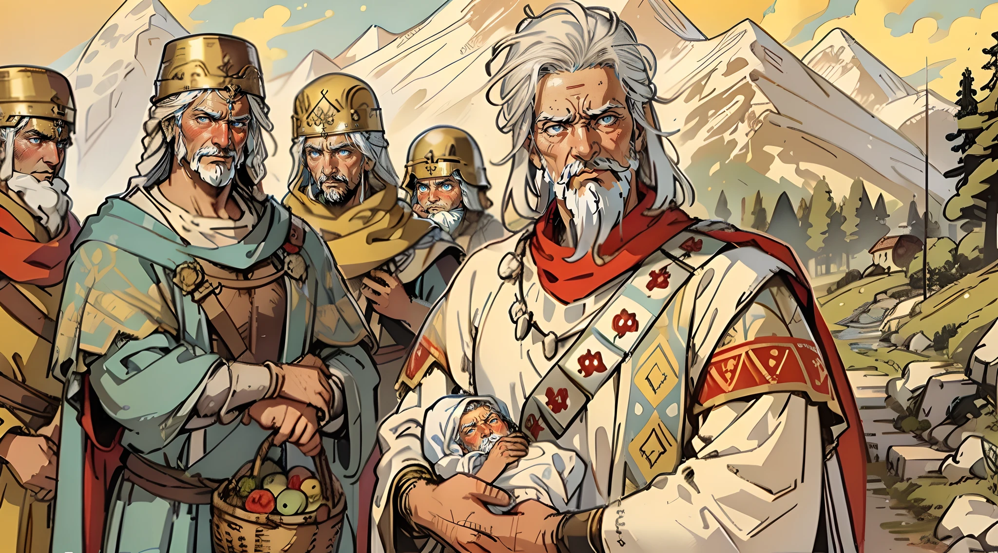 ((Masterpiece)), A 50 years old persian king face is sad, have a basket in hands, a newborn baby with white hair and blue eyes in basket, ancient times, a dirty road in forest, mountains in background, 5 Ancient Roman soldiers after the king