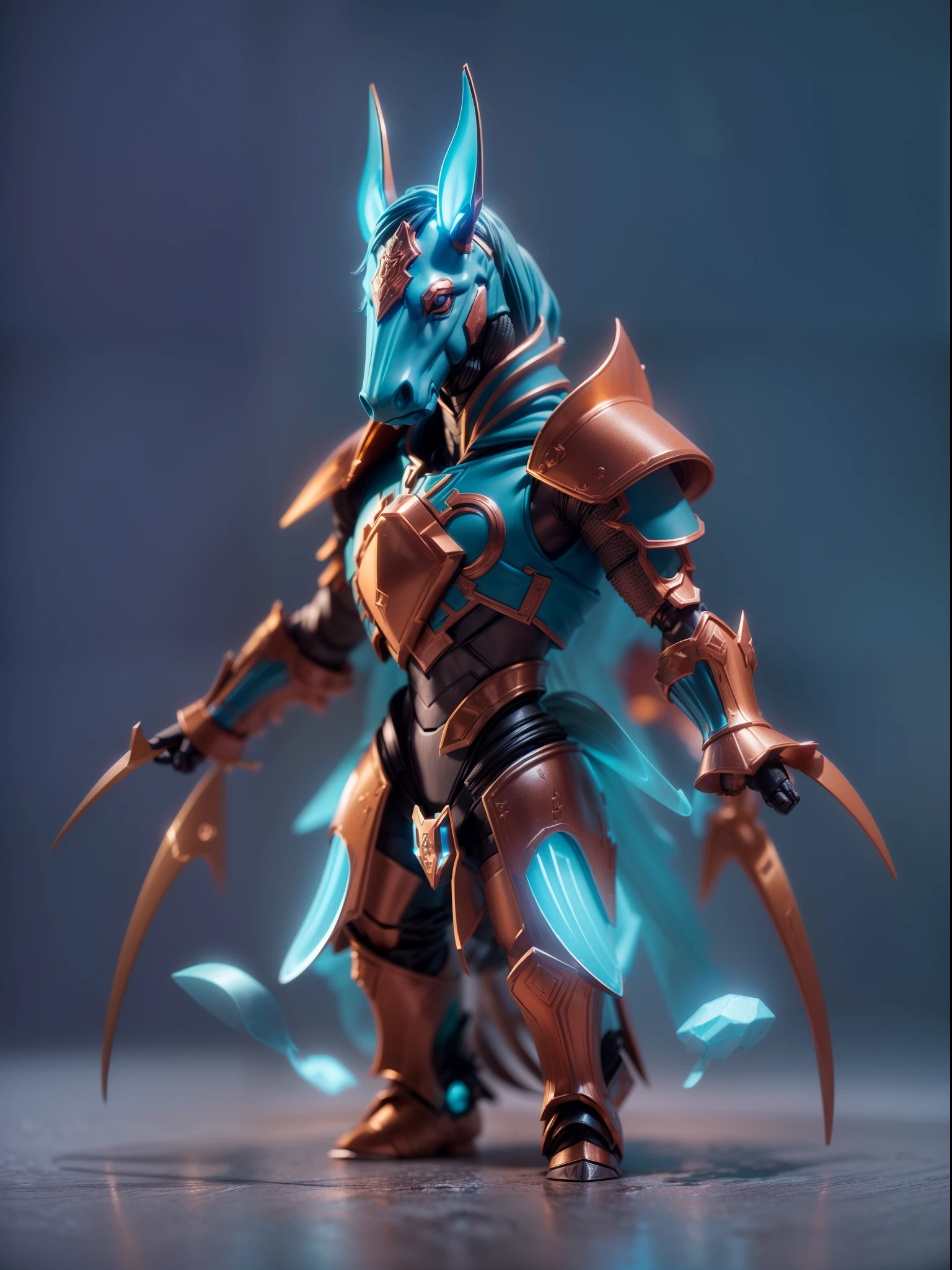 (Blind box toy style:1.3),((Full body shot))(anthropomorphism) , (1 strong horsehead metal warrior)(((solo))) metal armor,dreamy glow, Clean dark background,Red cyan style,(circular base)( Global illumination, Ray tracing, hdr, unreal render,reasonable design, high detail, Masterpiece, Best quality, hyper HD, Cinematic lighting)