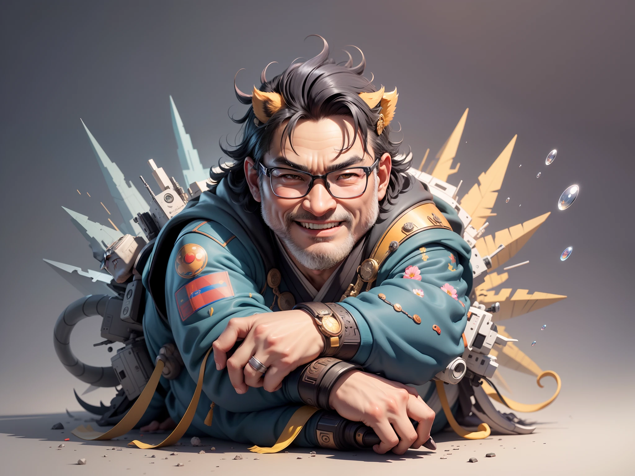 (Masterpiece), (Excellent), (Super Meticulous), (Full Body: 1.2), Super Young Man with Japanese Female Geisha, Pretty, Beautiful, Chinese Dragon, Tiger, Wind God Thor, Sexy, Bursting, Oriental Face, TV Anchor, Bust Portrait Illustration, Black Suit, Blue Tie, Slightly Chubby Face, Silver Glasses, Very Clean Face, No Beard on Chin, Black Super Short Hair, Black Eyes, Confident Smile, 3c Computer Sub-Products, iPad, iPhone, Digital Painting, 3D character design by Mark Clairedon and Pixar and Hayao Miyazaki and Akira Toriyama, the illustrations are HD illustrations in 4K resolution with highly detailed facial features and cartoon-style visuals.