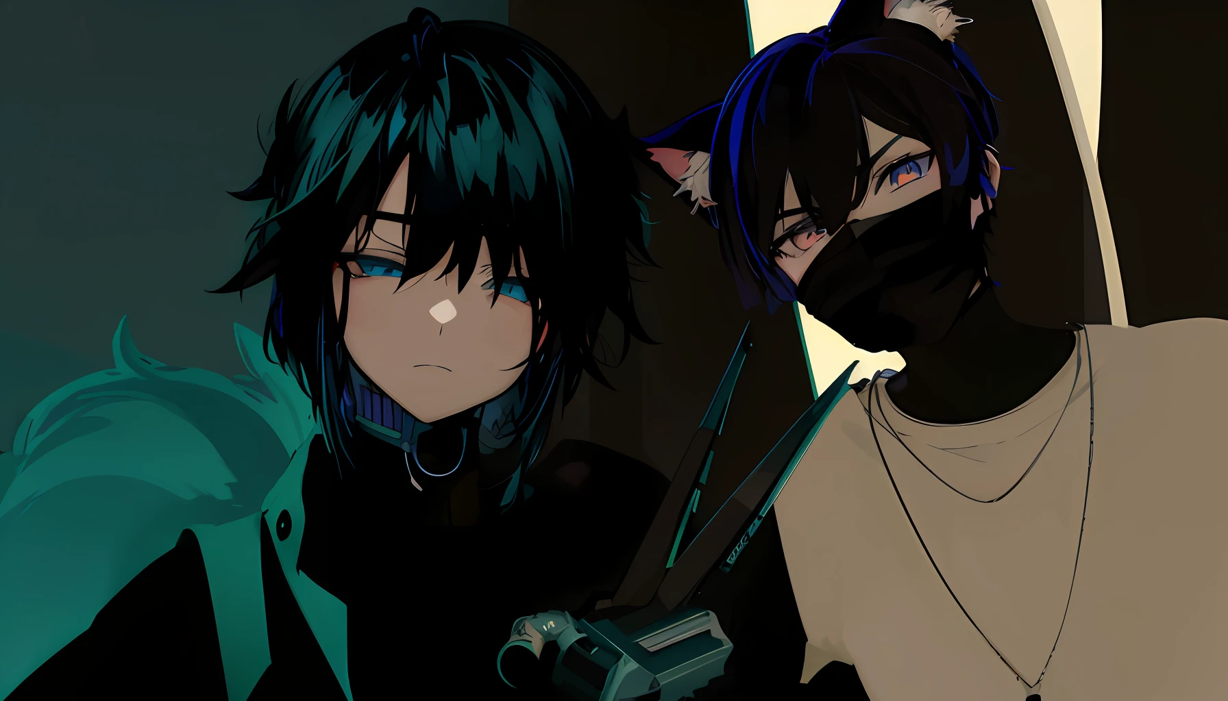 anime characters with black hair and blue eyes and a cat, 2 d anime style, vrchat, trigger anime artstyle, badass anime 8 k, epic anime style, anime style. 8k, by Shingei, 2 d anime, stylized anime, anime style 4 k, anime moe artstyle, very modern anime style, medium shot of two characters