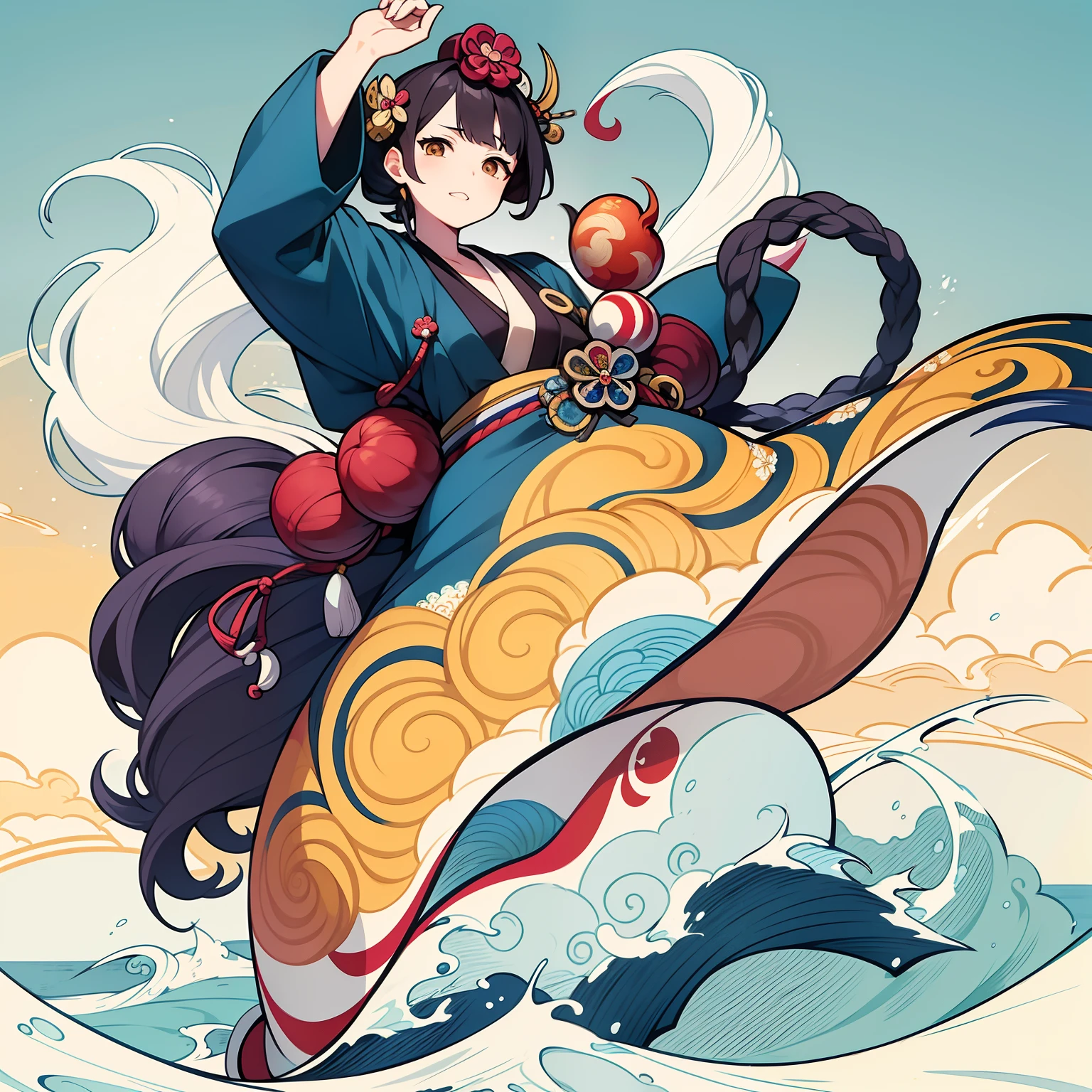 Beautiful naked guanyin sitting on drangon head. The big red sun, nsfw, drangon, water, cloud, fully body naked, frontal, Lotus, Meditation, yoga, Zen, Meditation, --auto