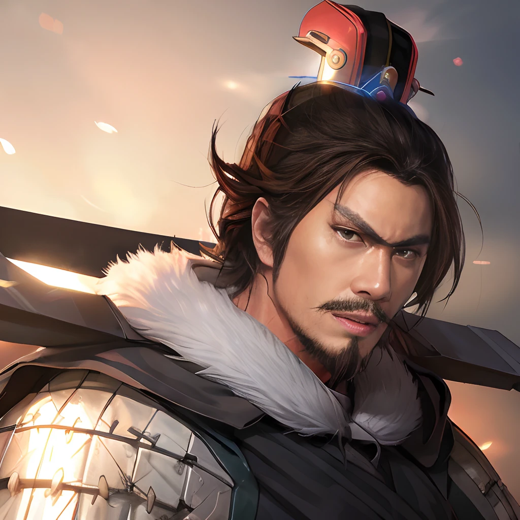 A strong man，Armour，Xiang Yu，Western Chu overlord，without helmet，Loose hair，Domineering，hair flowing，