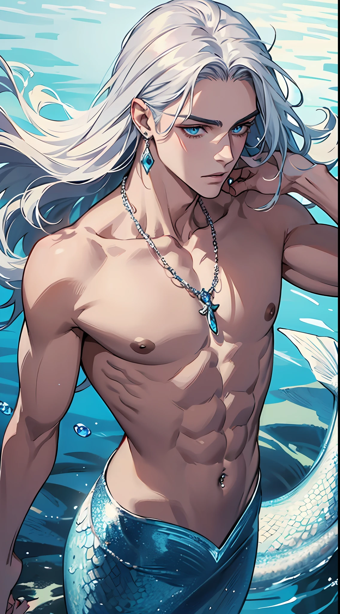 masterpiece, best quality, realistic, a MALE MERMAID, 1man, male focus, tall muscular, long wavy white hair, flying bangs, blue eyes, fish eyes, handsome, gorgeous accessories, portrait,extremely detailed face,water surface, simple background, fish scales, looking down, looking at the viewers,  , mermaid, fish man, nimples piercing, diamond necklace, silver waist ring, nimples piercing, nimples piercing, nimples piercing