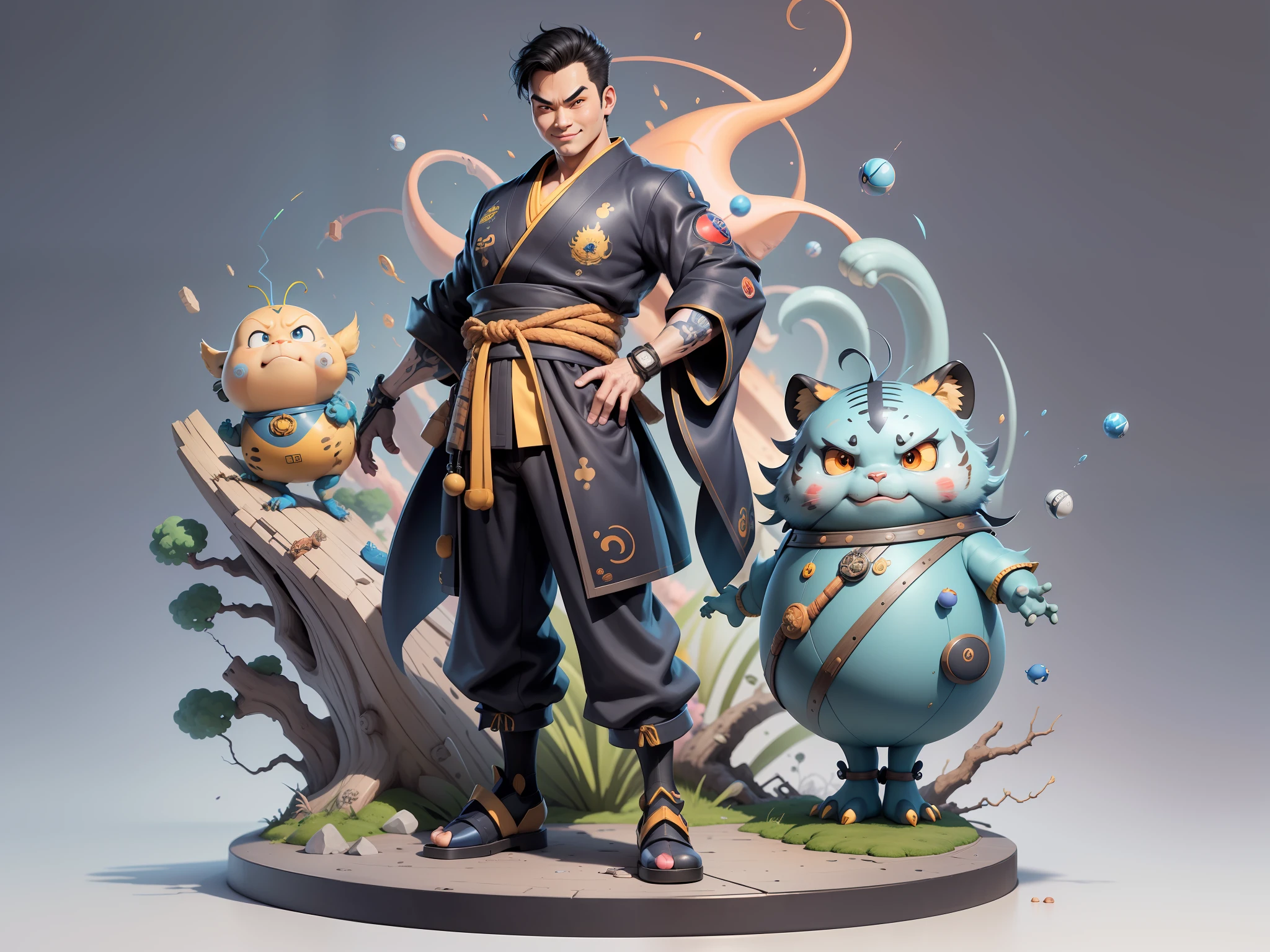(Masterpiece), (Excellent), (Super Meticulous), (Full Body: 1.2), Super Young Man, Oriental Face, Japanese Kimono, Japanese Wind Thunder God, Dragon, Tiger, TV Anchor, Bust Portrait Illustration, Alone, Black Suit, Blue Tie, Slightly Chubby Face, Very Clean Face, No Beard, Black Super Short Hair, Black Eyes, Confident Smile, 3c Computer Sub-Products, iPad, iPhone, Digital Painting, 3D Character Design by Akira Toriyama and Mark Claireden and Pixar and Hayao Miyazaki, The illustration is a high-definition illustration in 4K resolution with very detailed facial features and cartoon-style visuals.