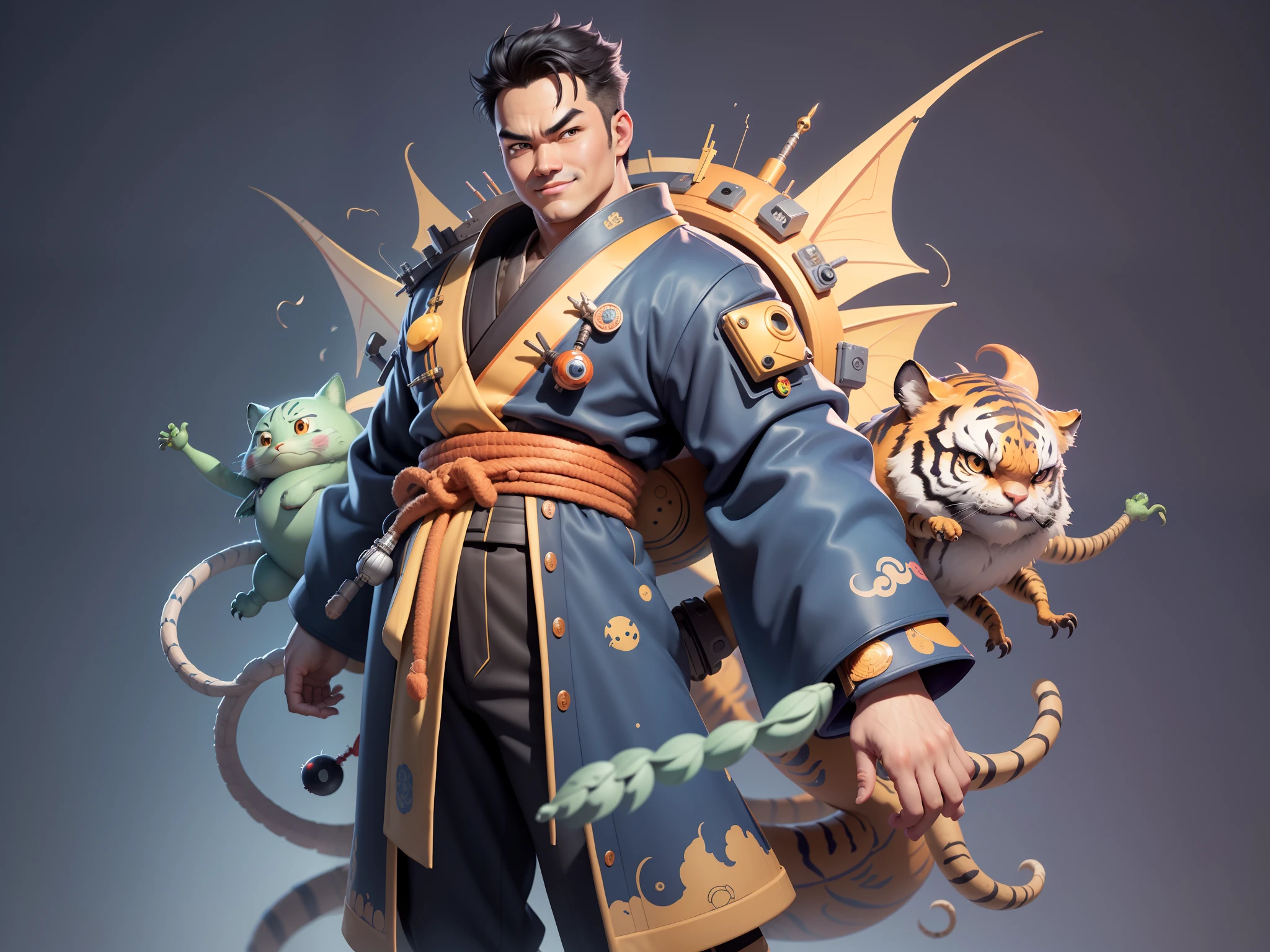 (Masterpiece), (Excellent), (Super Meticulous), (Full Body: 1.2), Super Young Man, Oriental Face, Japanese Kimono, Japanese Wind Thunder God, Dragon, Tiger, TV Anchor, Bust Portrait Illustration, Alone, Black Suit, Blue Tie, Slightly Chubby Face, Very Clean Face, No Beard, Black Super Short Hair, Black Eyes, Confident Smile, 3c Computer Sub-Products, iPad, iPhone, Digital Painting, 3D Character Design by Akira Toriyama and Mark Claireden and Pixar and Hayao Miyazaki, The illustration is a high-definition illustration in 4K resolution with very detailed facial features and cartoon-style visuals.