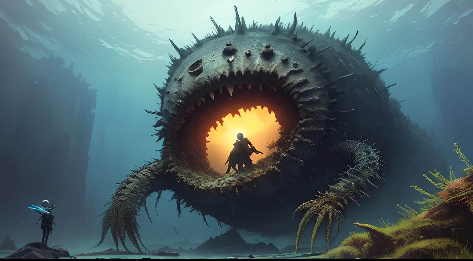 (Extreme close-up) photore (Scared:1.1) (At the bottom of the lake:0.9), (underwater plants:1.2), (A giant old dead alien monster:1.2), There is no light in the eyes,Falling ashes, Netsuit,(The stone pillars collapsed, 12th century, 1.2),airbubble,Beam light, insanely details, Cinematic, epic realistic, Intricate details, ultra - detailed, High quality, primitive, author:Jakub Rozalski