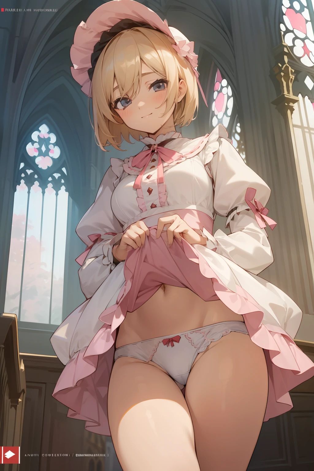 Top quality RAW photos in 32k resolution taken with Canon EOS R3, (frombelow:1.15),(masterpiece、top-quality)、Crotch girl in gothic ta dress, Being inside the building, European style architecture, pink underpants,Short-haired blonde,A smile, Kamimei,Refreshing,,Show off your underwear,Beautiful anime girl showing pants, Anime girls show off their pants,Spread your crotch, thighs thighs thighs thighs!!!, Beautiful fece,white cheeks,, thighs thighs thighs thighs!!!!!!, thigh closeup, Bare thighs!!!,