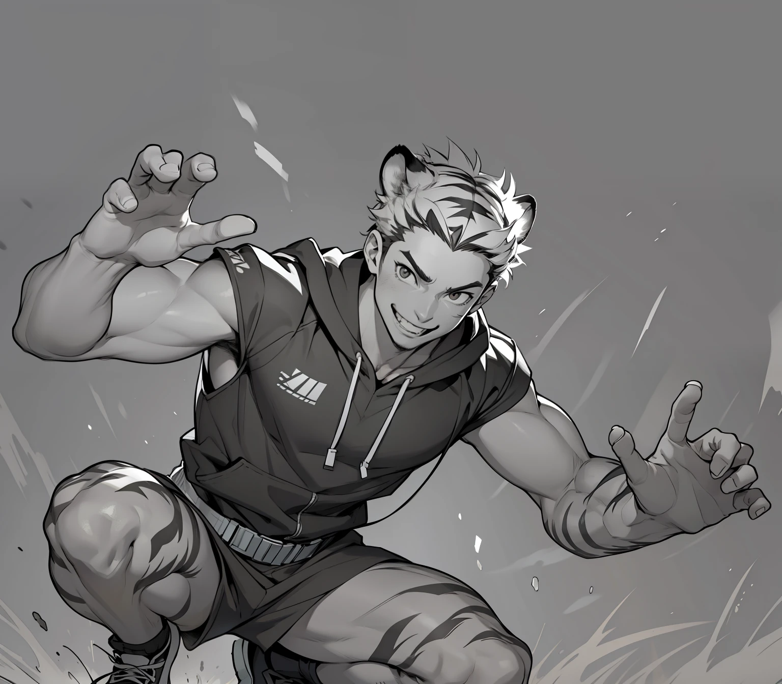 A boy，Squat，full bodyesbian，hands open forward，looks into camera，Look up，Arms raised，Make a gesture of the tiger sprinting forward，Happy smiley face