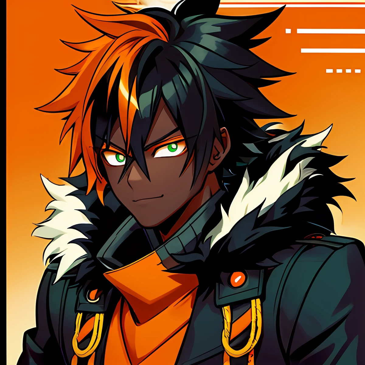 dark skin boy with black hair(orange hair streak) wearing a black mask and a fur collar jacket, male anime style, anime style character, orange - haired anime boy, male anime character, in an anime style, in anime style, green eyes