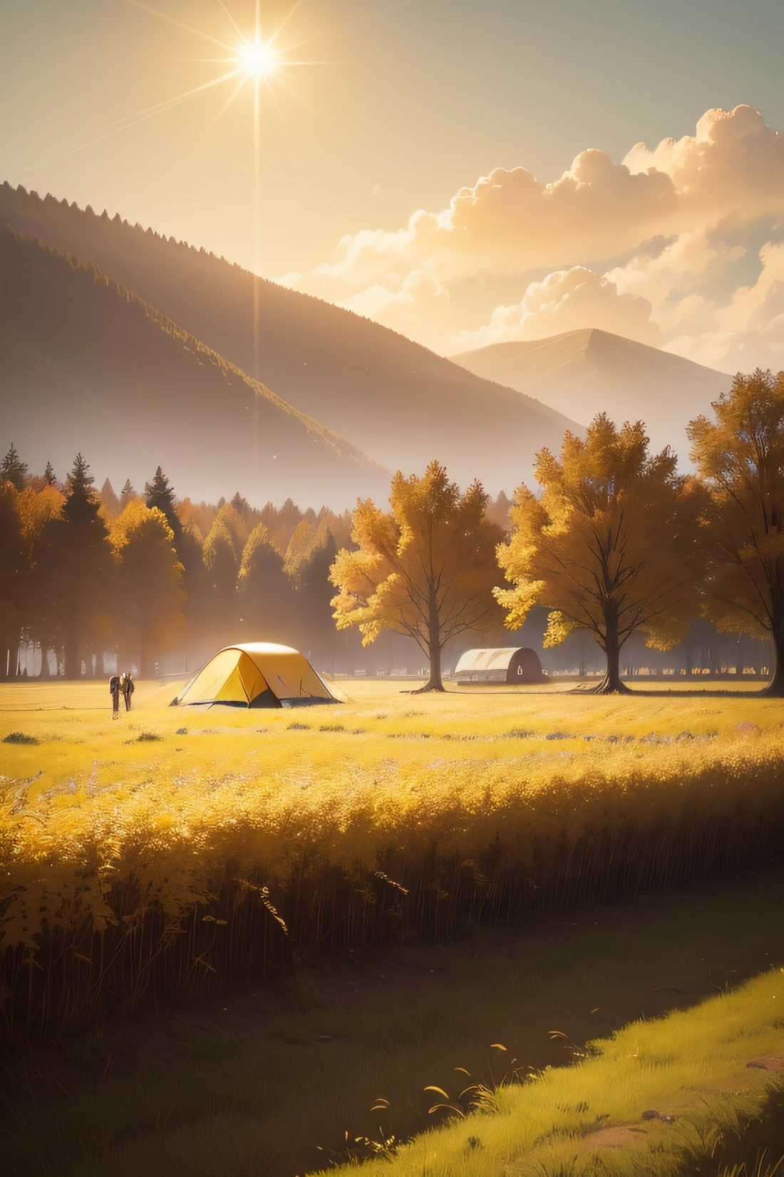 autumnal，grass field，amarelo，Yellow clouds，Yellow leaves，sun light，camping，desks，Eat lunch，A bowl of noodles，group of people，A land full of leaves， soothing and cozy landscape，James Gurney，Art station rendering，foreground，High- sharpness