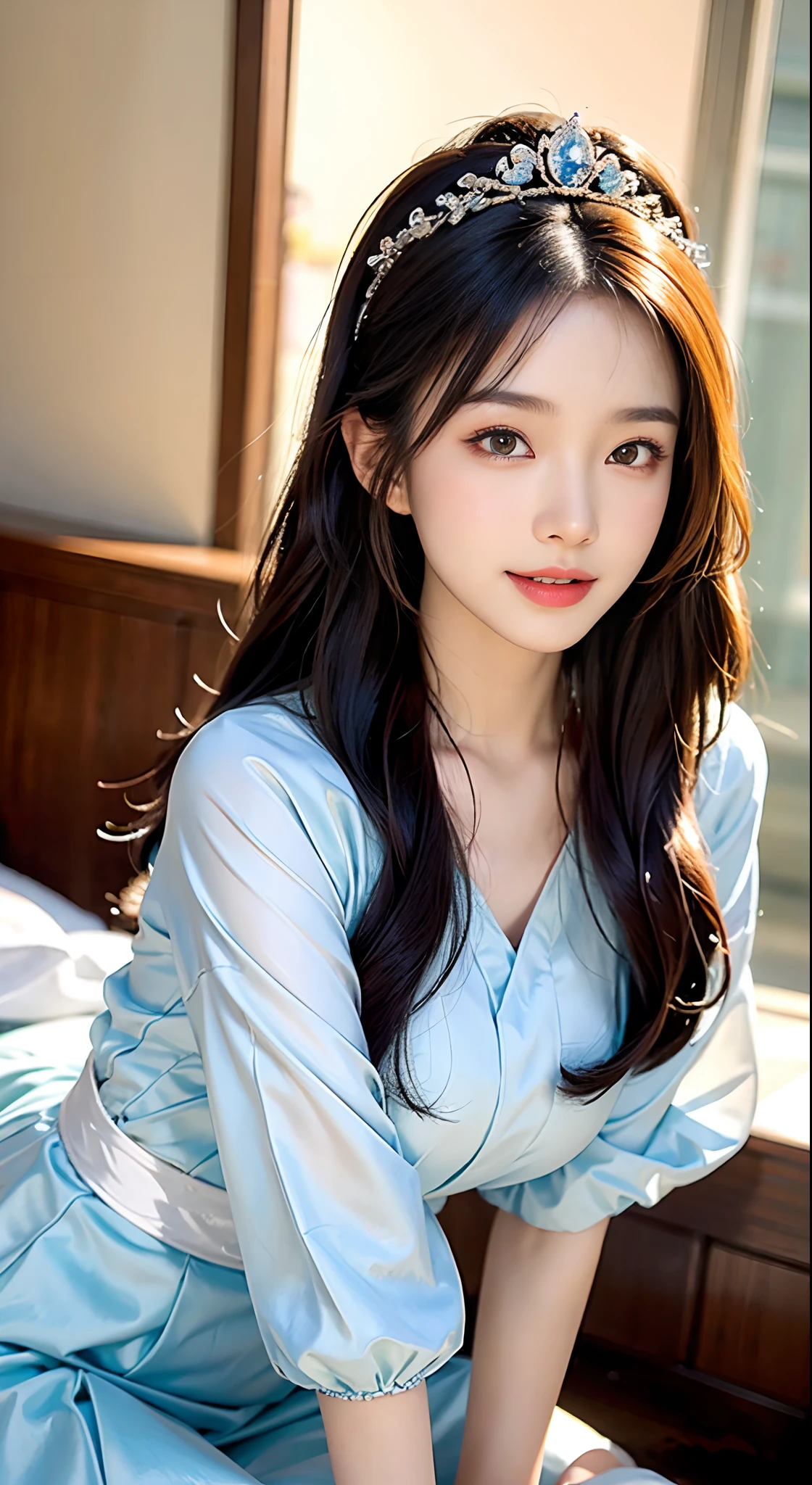a big breast chinese girl, Cute face, cheerfulness, Long hair, Impressive hairstyle, wearing tiara,A pair of bright and reverent eyes,The eyebrows are slender and elegant,The slightly curved eyebrow shape exudes confidence and charm。Her nose is small and three-dimensional,It matches the shape of her face perfectly。At the bedside,Her lips were rosy and plump,The corners of his slightly upturned mouth revealed a sweet smile, Flight attendant outfit,The color of the costume is random,wearing jewellery, 黑The eye, Above Knees,(The breasts are large but not exposed:1.1),(A high resolution:1.3),random hair style, Super fine face and eyes, Hit in a random pose,Anatomically normal,realisticlying,exterior,strong rimlight,(highdetailskin:1.2),8K,hyper HD,high high quality,Background bokeh,(Hide your hands:1.3)(The hand is not in the shot:1.5)