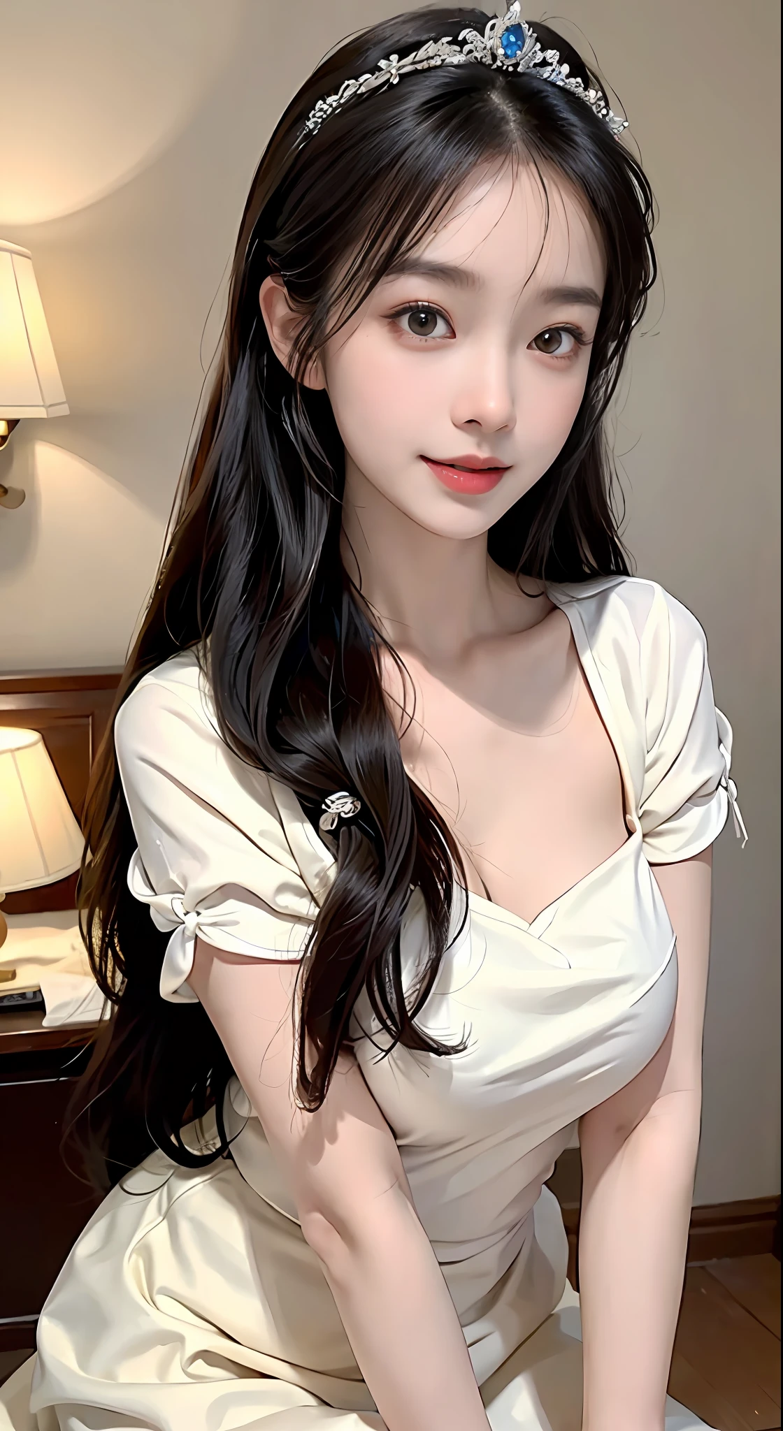 a big breast chinese girl, Cute face, cheerfulness, Long hair, Impressive hairstyle, wearing tiara,A pair of bright and reverent eyes,The eyebrows are slender and elegant,The slightly curved eyebrow shape exudes confidence and charm。Her nose is small and three-dimensional,It matches the shape of her face perfectly。At the bedside,Her lips were rosy and plump,The corners of his slightly upturned mouth revealed a sweet smile, Flight attendant outfit,The color of the costume is random,wearing jewellery, 黑The eye, Above Knees,(The breasts are large but not exposed:1.1),(A high resolution:1.3),random hair style, Super fine face and eyes, Hit in a random pose,Anatomically normal,realisticlying,exterior,strong rimlight,(highdetailskin:1.2),8K,hyper HD,high high quality,Background bokeh,(Hide your hands:1.3)(The hand is not in the shot:1.5)