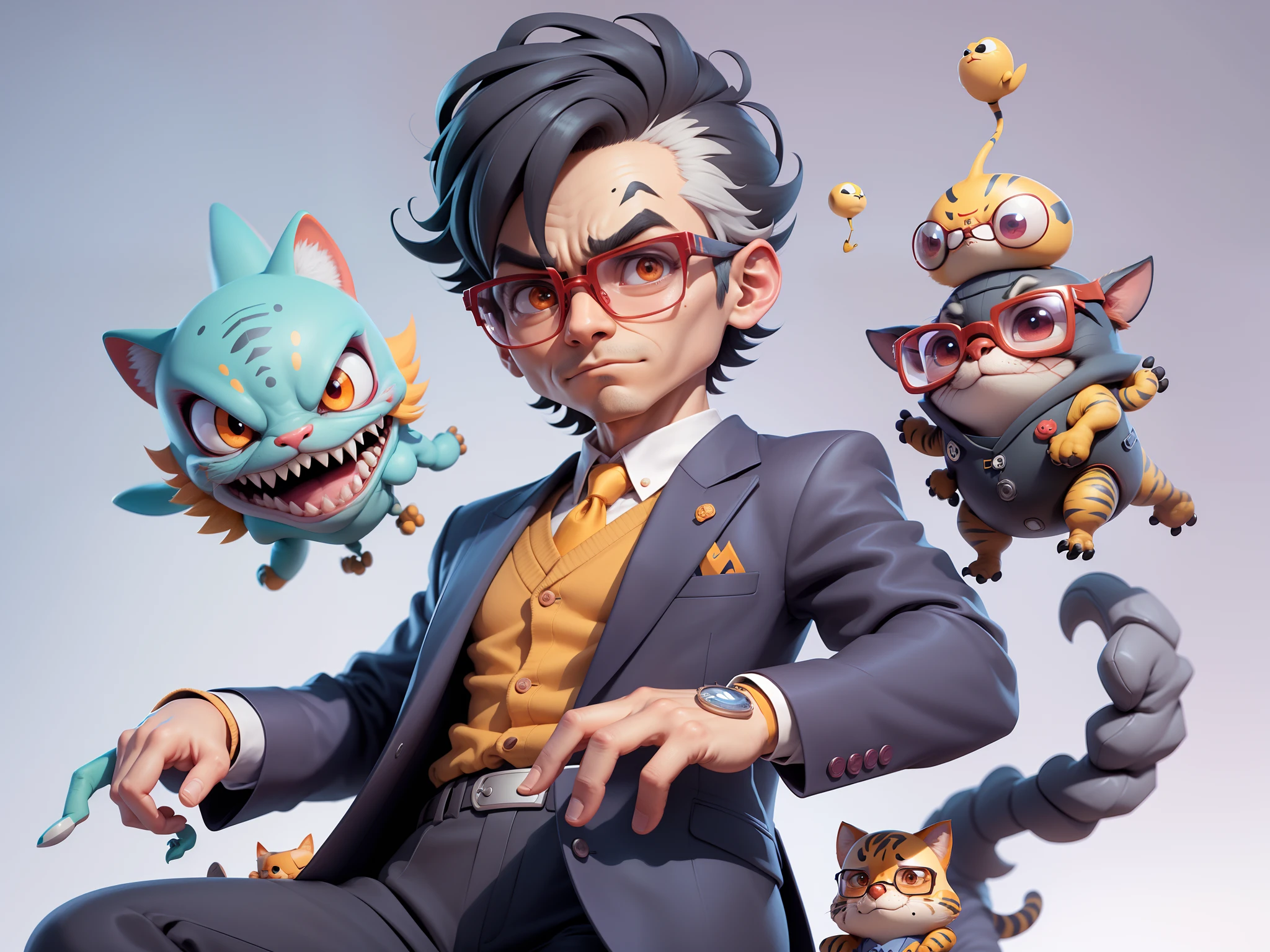 A young man in a suit, Short hair and glasses sat at his desk，holding laptop，digitial painting，tigre，3D character design by Mark Clairen and Pixar and Hayao Miyazaki and Akira Toriyama，4K HD illustration，Very detailed facial features and cartoon-style visuals。