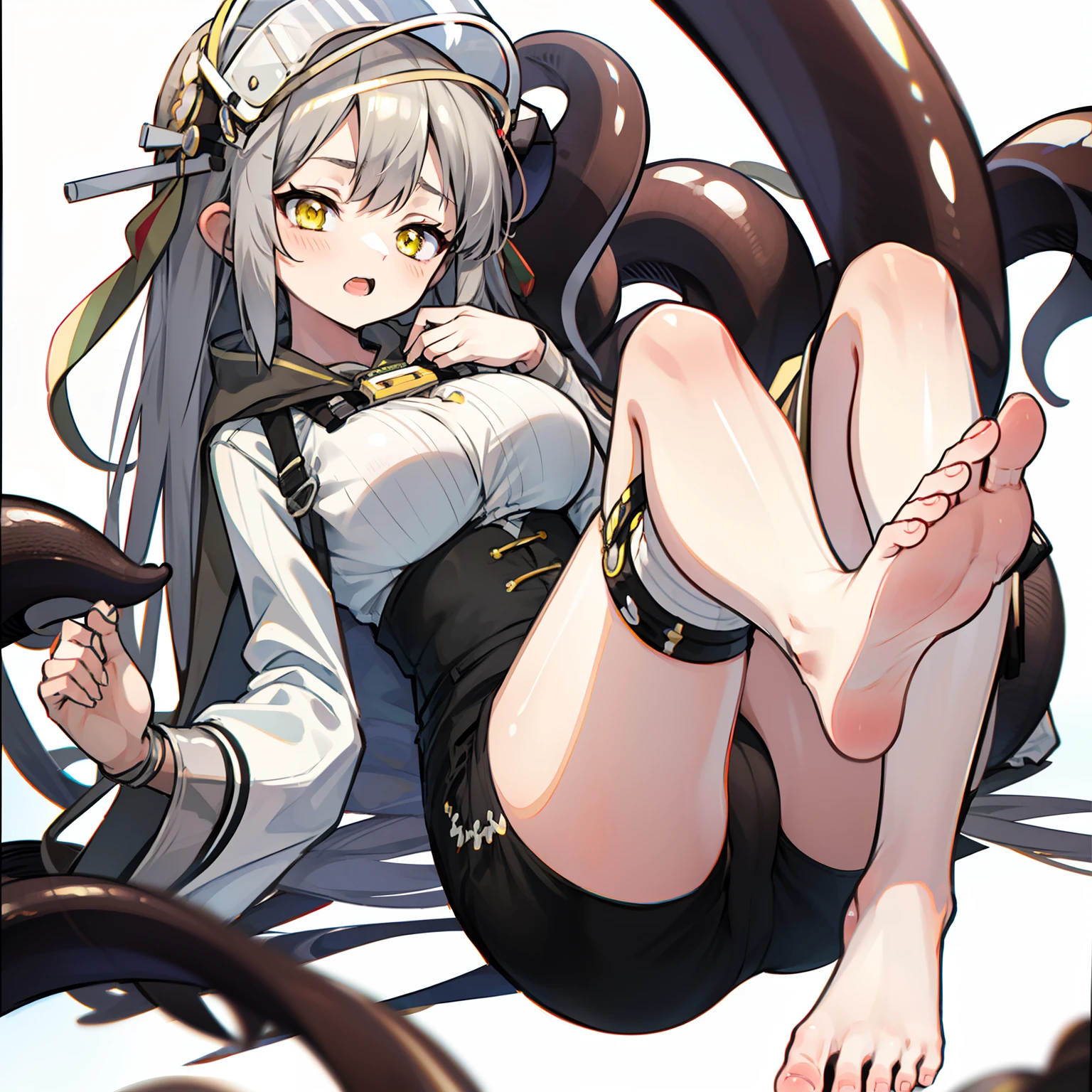 grey long hair,Yellow eyes,Childlike big breasts,White vertical striped shirt,Black shorts,Bigchest, height,teenrl,adolable,solo person,Delicate picture,High picture quality,1girll, (Masterpiece), 4K, 8K, A high resolution, high resolution,, anime big breast, Amazing, Detailed,adolable,A shy look,Hazy beauty,Sophisticated look,Need,Loli figlying on the ground, Simple background,Masterpiece, Best quality,The left foot and right hand are entangled in tentacles,Flush,Shy,solo person,Tentacles reach into panties,look of anguish,closing her eyes,open open mouth,Tentacles wrap around and pull your legs apart,Tentacles reach into panties,Delicate feet,R18,Erotic images,Barefoot