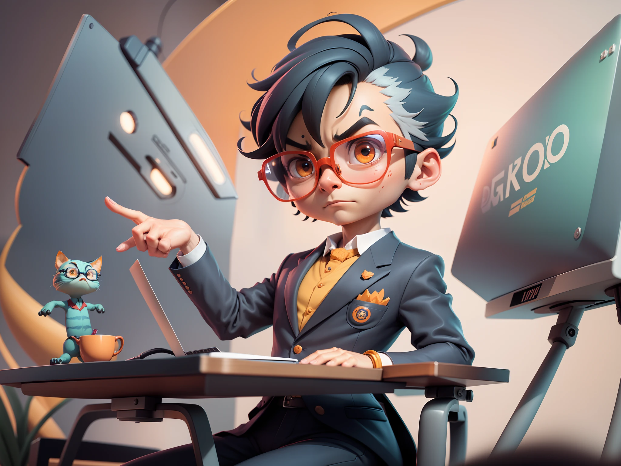 A young man in a suit, Short hair and glasses sat at his desk,holding laptop,digitial painting,tigre,3D character design by Mark Clairen and Pixar and Hayao Miyazaki and Akira Toriyama,4K HD illustration,Very detailed facial features and cartoon-style visuals。