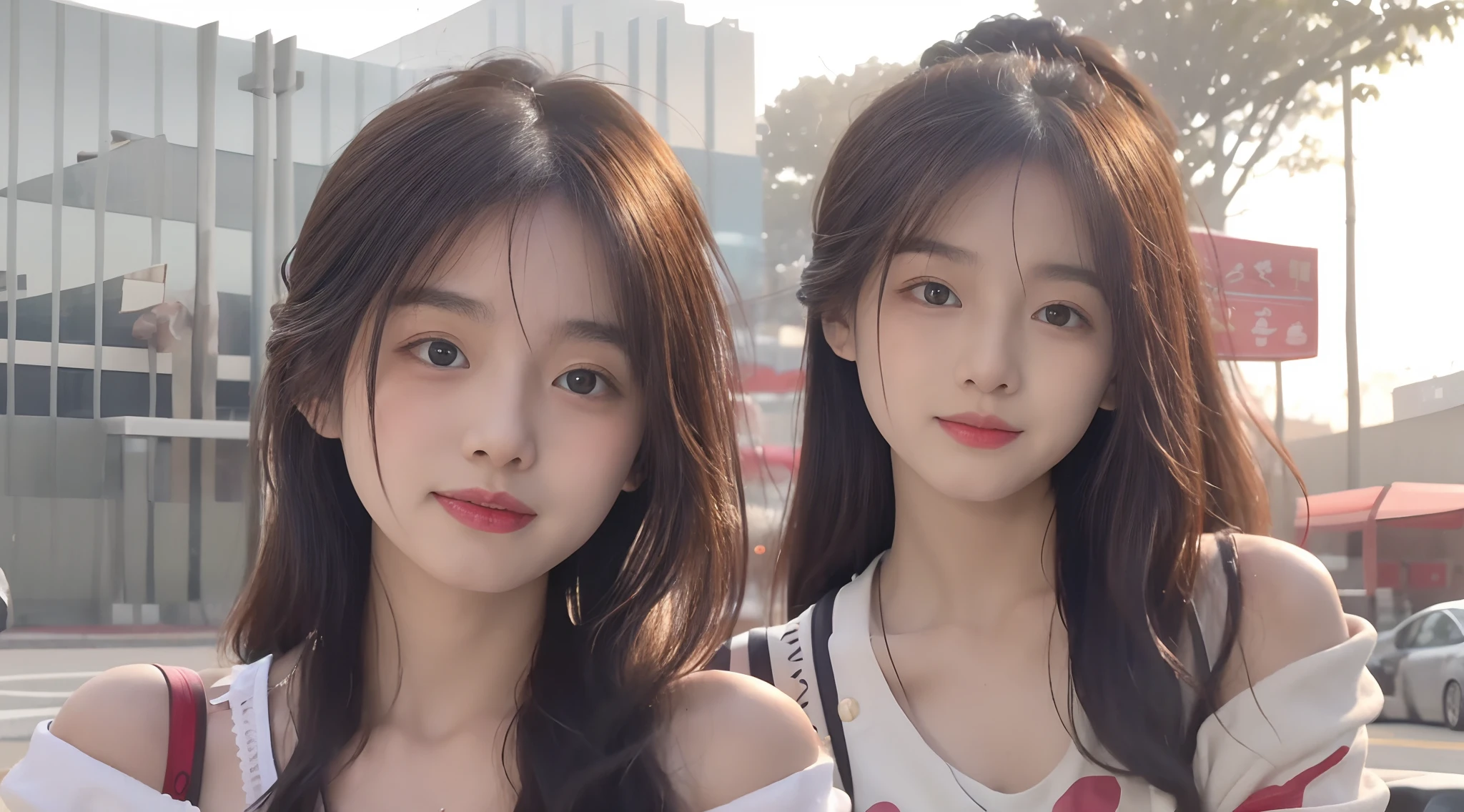 Two Asian women standing side by side in the street, ulzzangs, beautiful gemini twins portrait, Beautiful Gemini twins, two beautiful anime girls, beautiful sci - fi twins, with cute - fine - face, with a twin, 8k selfie photograph, Guviz-style artwork, jaeyeon nam, Two girls, 8K Artgerm bokeh
