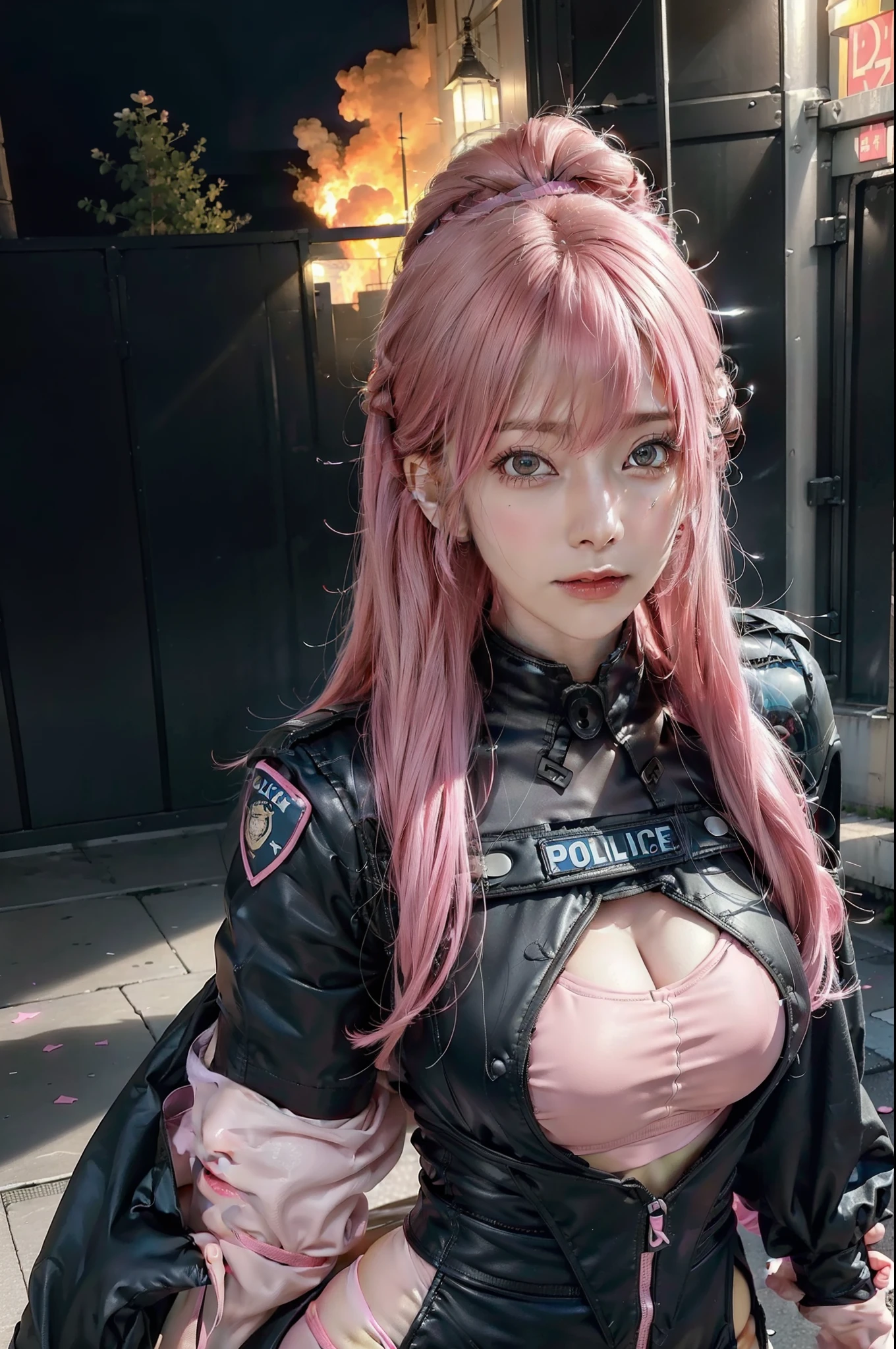 Top Quality, Ultra High Definition, (backlight), (Photorealistic: 1.4), (Pink updo Hair: 1.3), 1 Girl, (Kpop Idol), Detailed Face, Contrapposto, Smooth Skin, Perfect Anatomy, Cityscape, Professional Lighting, ((wearing Futuristic Racing Suits like Police uniform, police wappen, High-tech Headset, military harness, racing gloves, machinegun)), ("POLICE", pink hair,), (background, (Audience Coming close), crashed cars, fire, (Explosion),