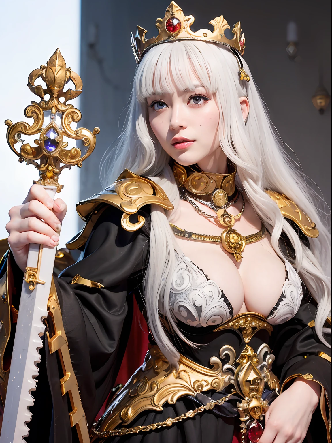 (masutepiece), Professional , masterpiece、top-quality、photos realistic , depth of fields (Gemstone Silver Metal Body:1.9),(Matte White、Jewel Gold Weapon(Jewel Metal Body:1.4),Gorgeous metal weapons , Detailed Sword of the Brave , Beautiful knife ,warhammer 40k , adepta sororitas,Detail and ornate jewel crown、Black hair、Gangle's forest background、Beautiful Caucasian beauty、1a person、dynamic ungle,(((Detailed and ornate diamond crown)))、Smaller head、A smile、Take a sexy pose、Background inside the castle、Thin and beautiful female hands、
