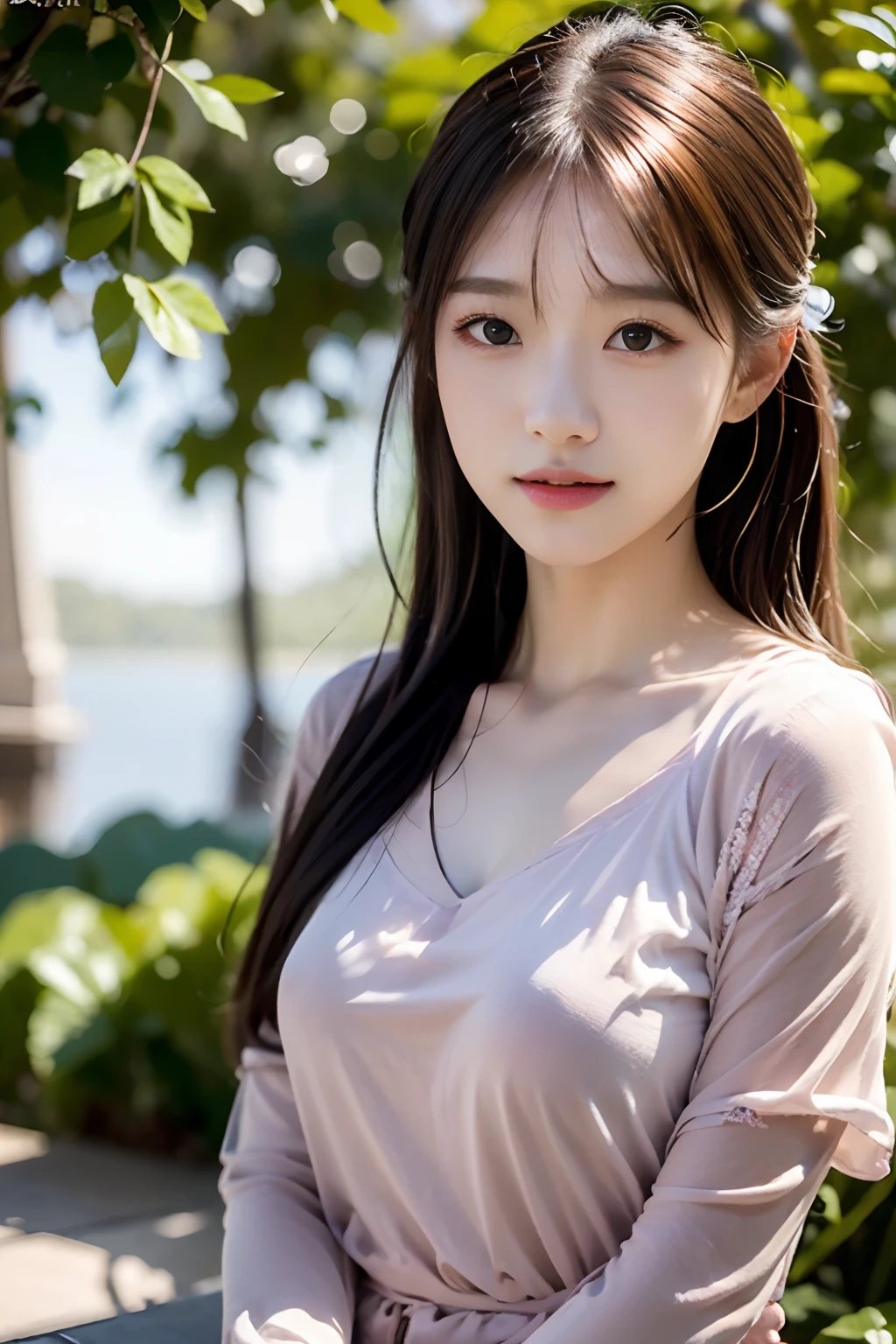 Best Quality, Masterpiece, Super High Resolution, (Realistic: 1.4), Original Photo, Official Art, Wallpaper, Bust Photo, Skin, Simple Background, Black Eyes, Details, 1 Girl, Pink T-Shirt, Breeze, Sunshine, Shy Face, Water Mist, Studio Light,