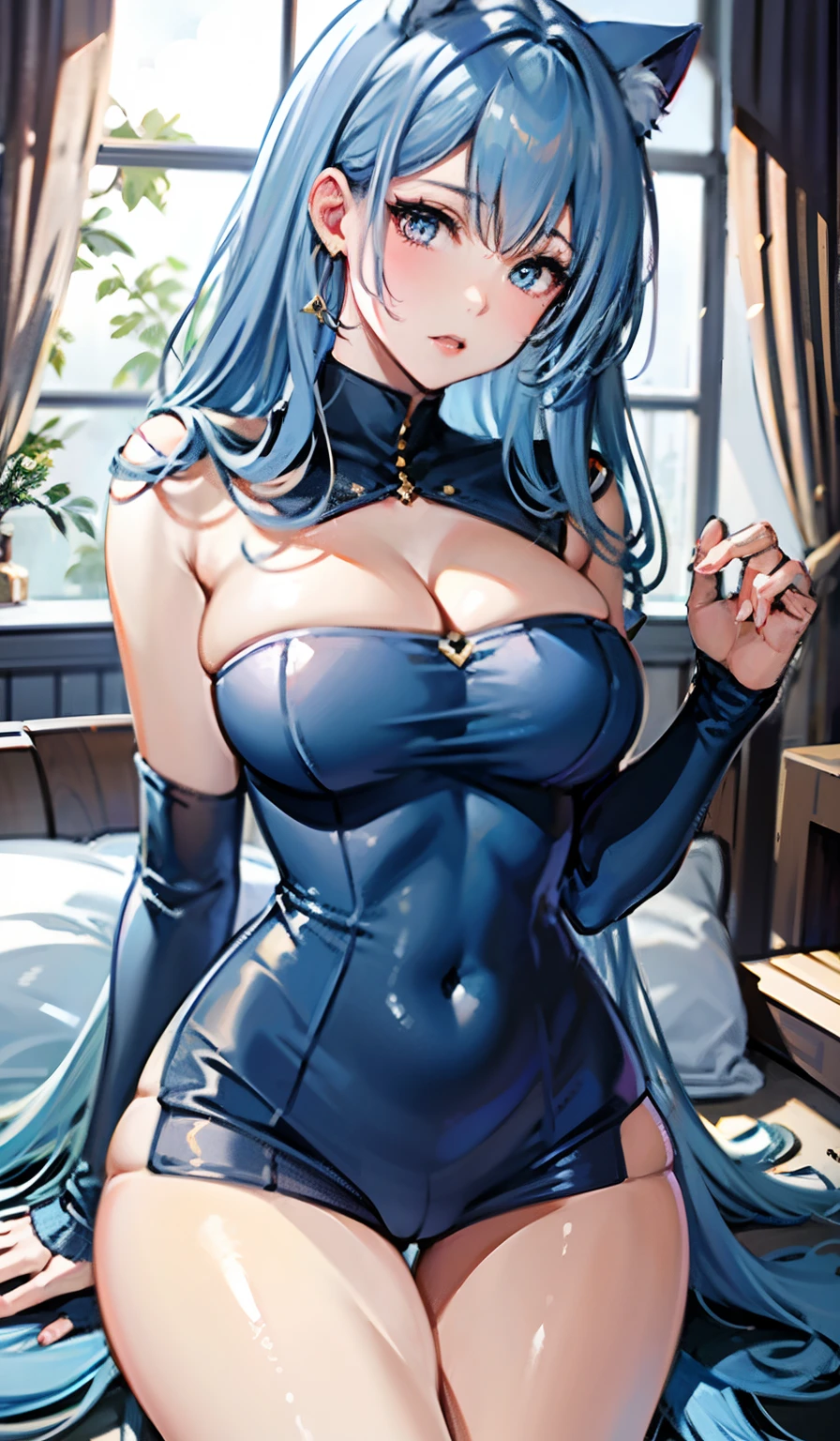 ((Masterpiece, Best quality)), (1girll), ((blue long hair)),（Blue cat ears 1.5）cleavage, Curvy, （Naked 1.8），（is shy1.8），Bedrooms，（spread their legs1.9），with whole body visible，Blushlush，thigh gap