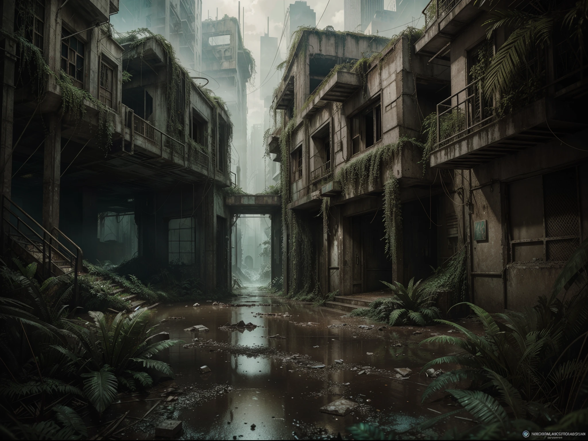 hyper realistic, dystopian abandoned city, overgrown jungle look, 64k resolution photorealistic Masterpiece by Ridley Scott, intricately detailed fluid painting, HD, professional photography, dark lighting, volumetric lighting maximalist photo illustration, 64k resolution concept art with intricately detailed, complex, elegant, expansive, fantastical, ultra sharp, 64k