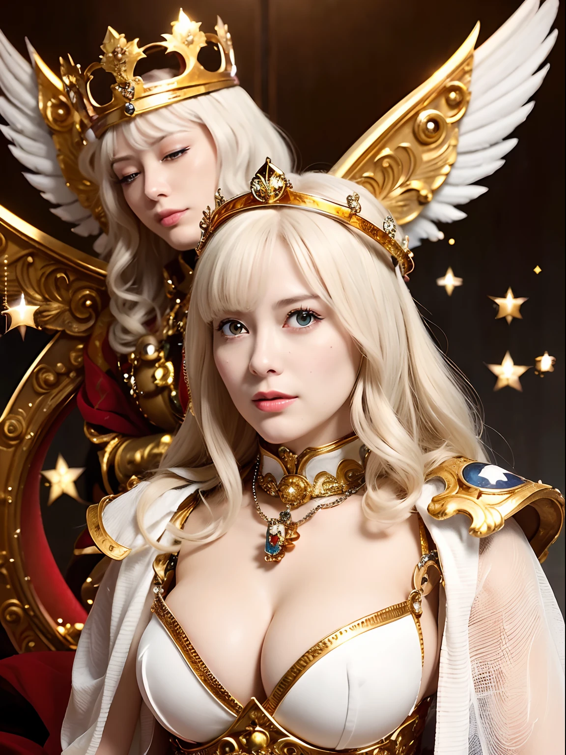 (masutepiece), Professional , masterpiece、top-quality、photos realistic , depth of fields (Gemstone Silver Metal Body:1.9),(Matte White、(Interior background of a luxurious castle)、Jewel Gold Weapon),Gorgeous metal weapons,(Detailed and realistic angel white wings) , Detailed Sword of the Brave , Beautiful knife 、delicated face、20 years girl ,warhammer 40k , adepta sororitas,Detail and ornate jewel crown、a blond、(Gangle's forest background)、Beautiful Caucasian beauty、1a person、dynamic ungle,(((Detailed and ornate diamond crown)))、Smaller head、A smile、Powerful poses、Beautiful thin fingers of a woman、cleavage of the breast、