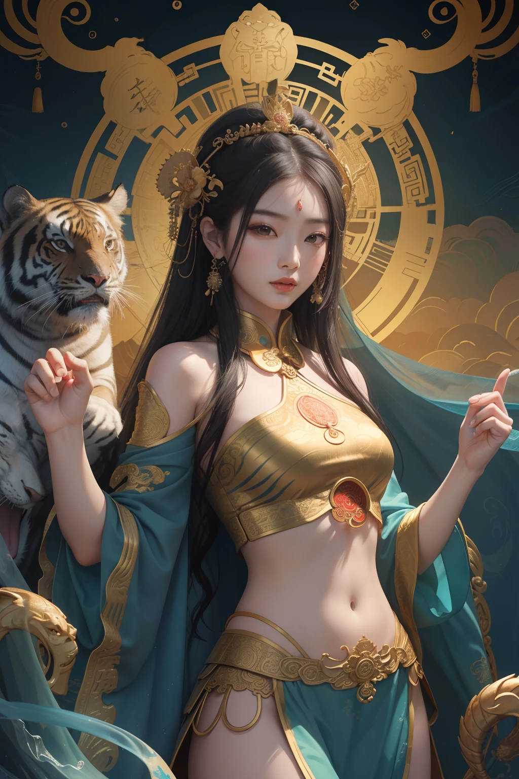 an ancient Chinese goddess, guanyin of the southern seas, Guanyin, Inspired by India, Avalokiteshvara rides a tiger，,Serene expression,shui mo hua,Buddha,Buddhist,Lotus,Chinese painting style,Thangka style, nsfw, muton