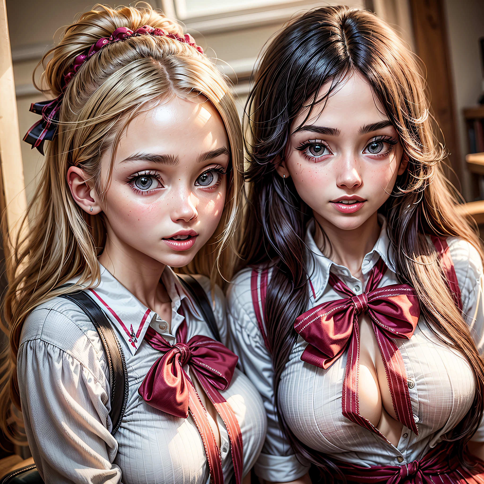 (ung girls), Supreme cuteness, Super beautiful detailed face, Highest Quality, Highest image quality, Top resolution, RAW Photos, Realistic, Photorealsitic, ultra detailed and beautiful, highest details, Beautiful fair skin and luster, Beautiful big eyes, Gloss on lips, Straight hair blown by the wind, Slender body, (Beautiful breasts:1.3), Open mouth slightly, Cute smile, (High school uniform with wide open chest:1.15), (Exposing your chest:1.3), portrait of cute girl, indoors, school stairs,