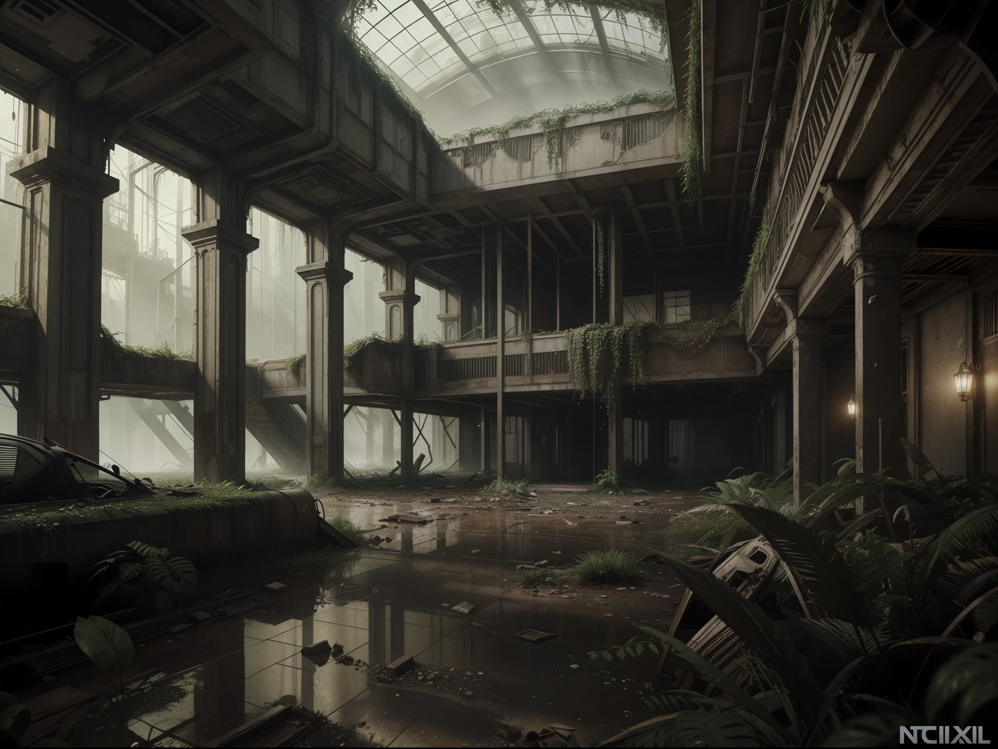 hyper realistic, dystopian abandoned city, overgrown jungle look, 64k resolution photorealistic Masterpiece by Ridley Scott, intricately detailed fluid painting, HD, professional photography, dark lighting, volumetric lighting maximalist photo illustration, 64k resolution concept art with intricately detailed, complex, elegant, expansive, fantastical, ultra sharp, 64k
