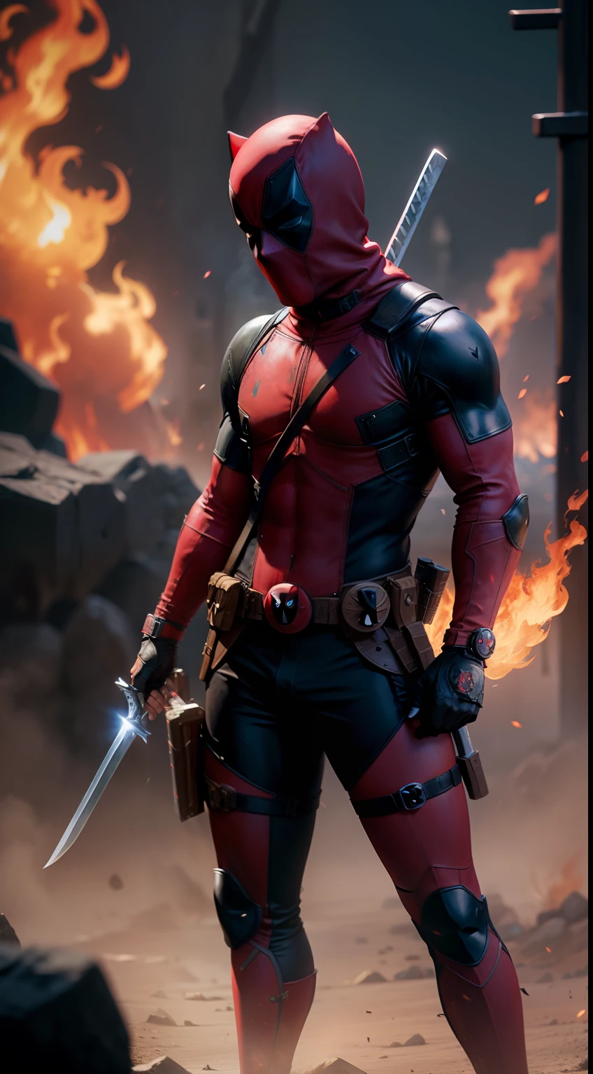 cinematic shot of realistic cute deadpool , full body , 2 swords in the hand, surounded by fire, seamless, epic, cinematic, intricate detail, award winning, great lighting, shading, high quality, detaile